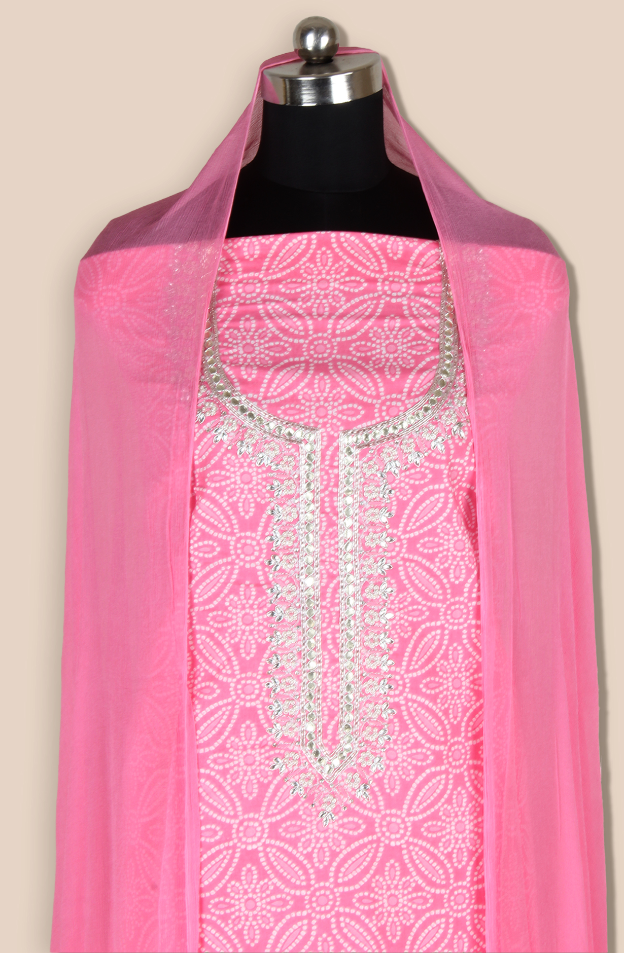 Pink Cotton Unstitched Bandhej Print Suit with Chiffon Dupatta - 693-AAJ1433