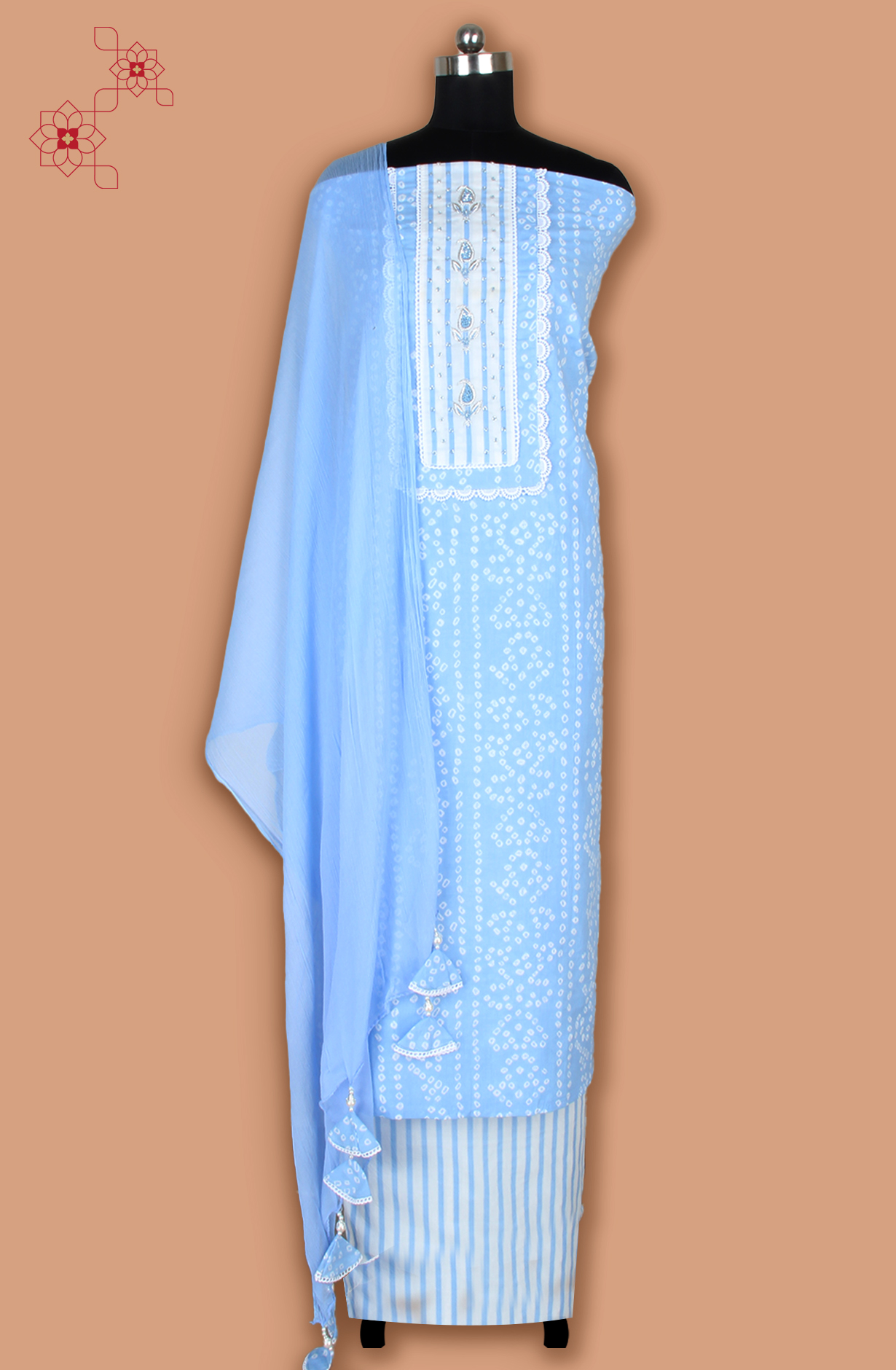 Pastel Blue Cotton Printed Lace Work Suit with Chiffon Dupatta - 693-AAJ1442