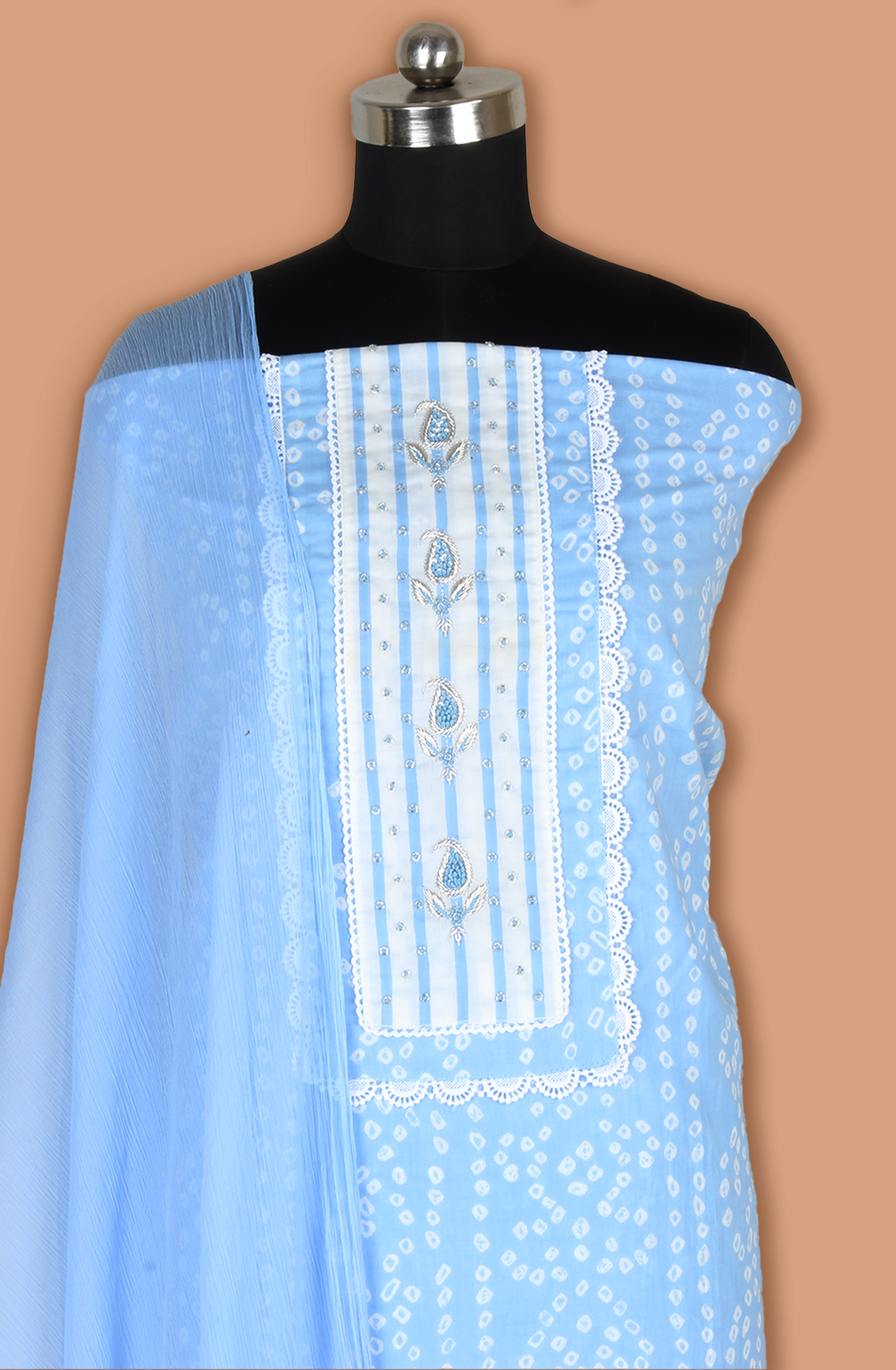 Pastel Blue Cotton Printed Lace Work Suit with Chiffon Dupatta - 693-AAJ1442