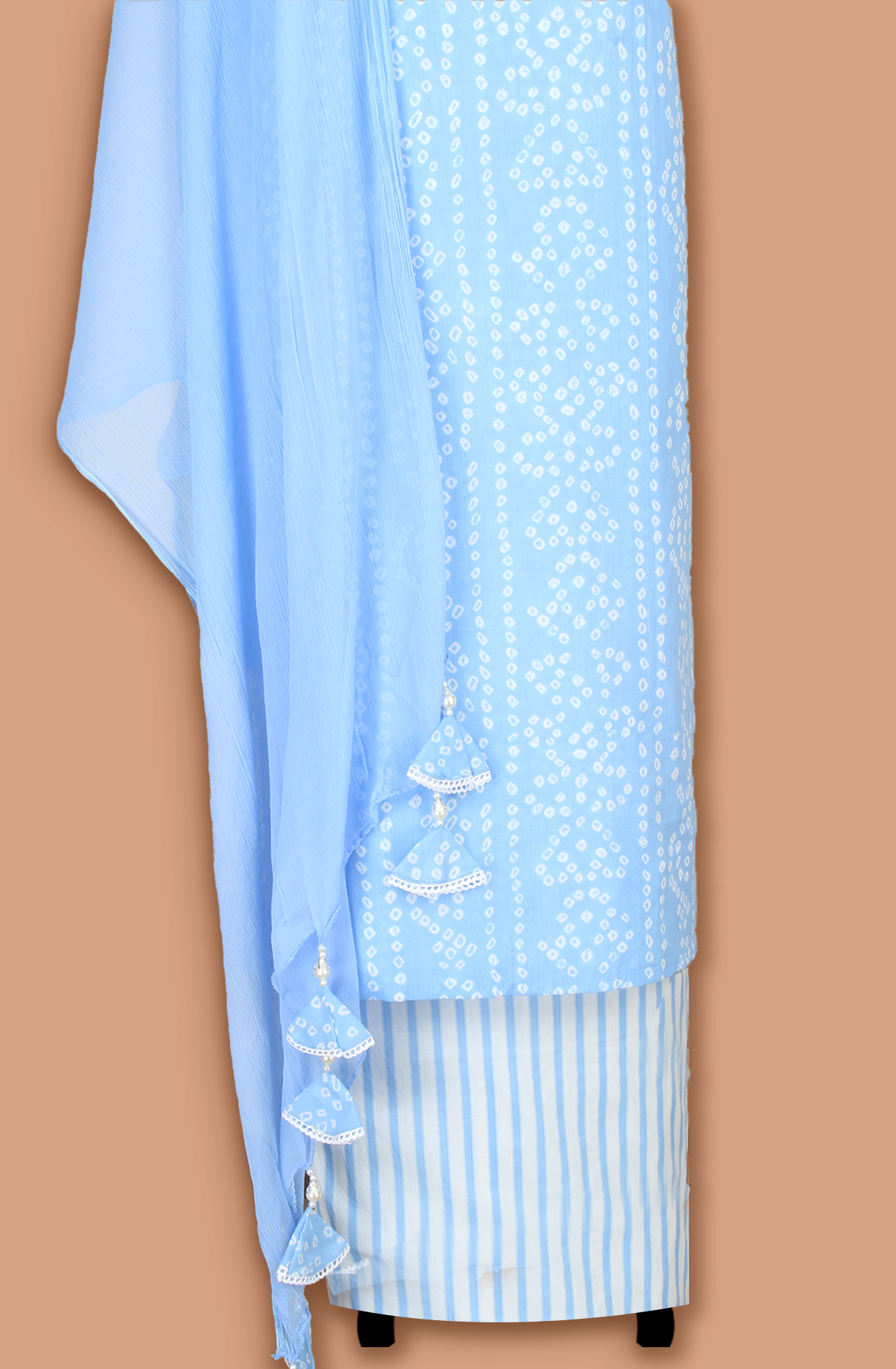 Pastel Blue Cotton Printed Lace Work Suit with Chiffon Dupatta - 693-AAJ1442