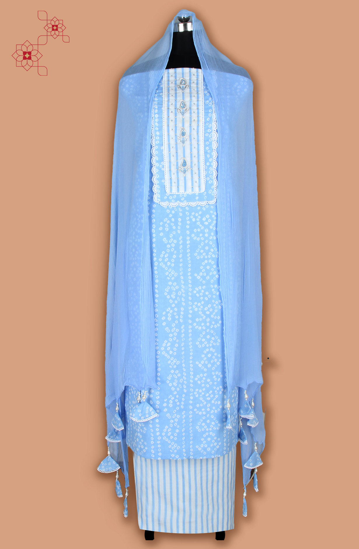 Pastel Blue Cotton Printed Lace Work Suit with Chiffon Dupatta - 693-AAJ1442