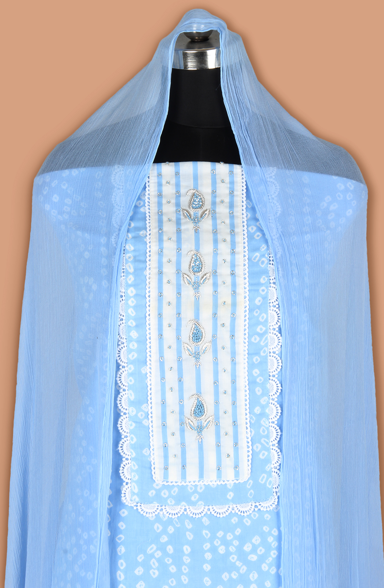 Pastel Blue Cotton Printed Lace Work Suit with Chiffon Dupatta - 693-AAJ1442