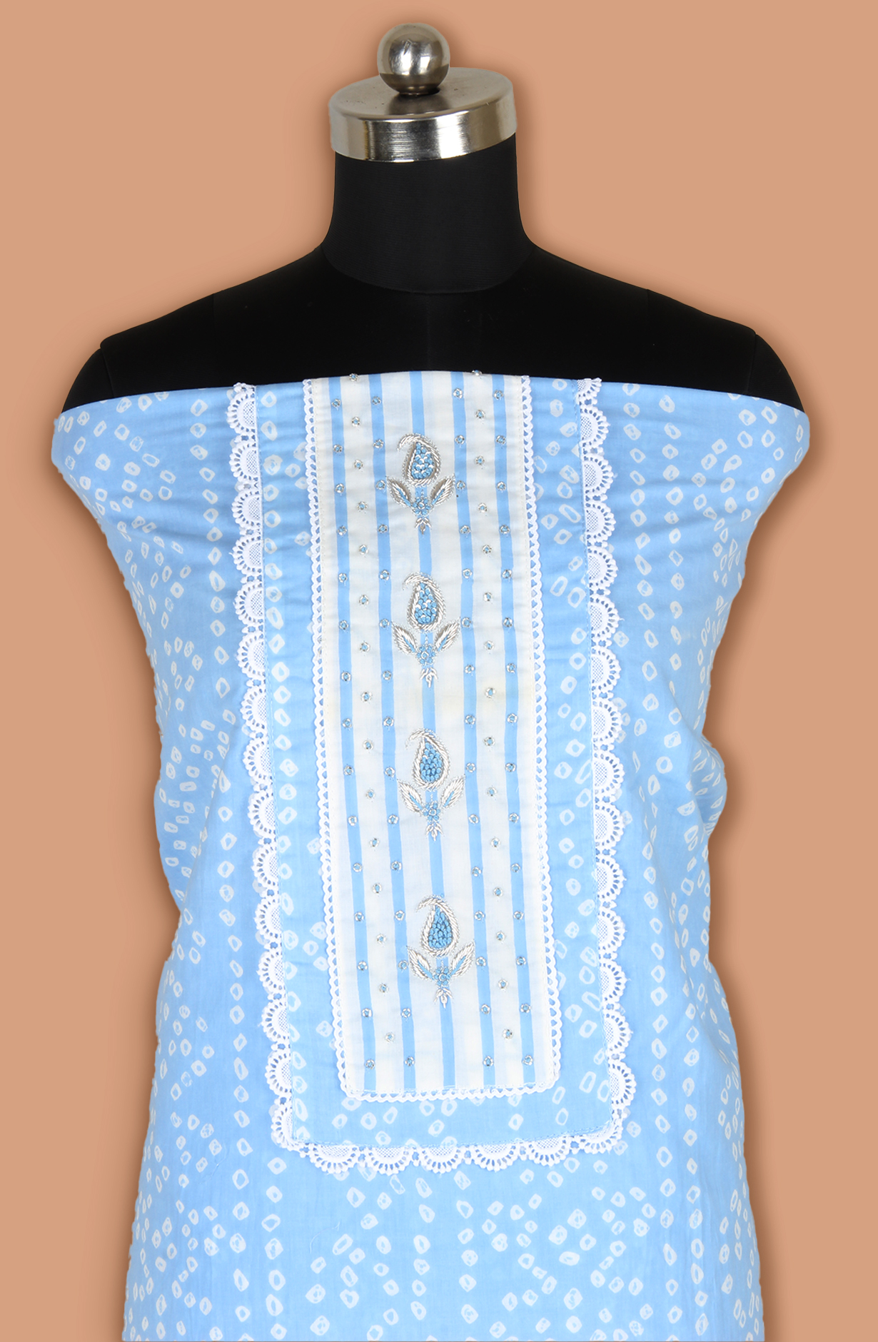 Pastel Blue Cotton Printed Lace Work Suit with Chiffon Dupatta - 693-AAJ1442