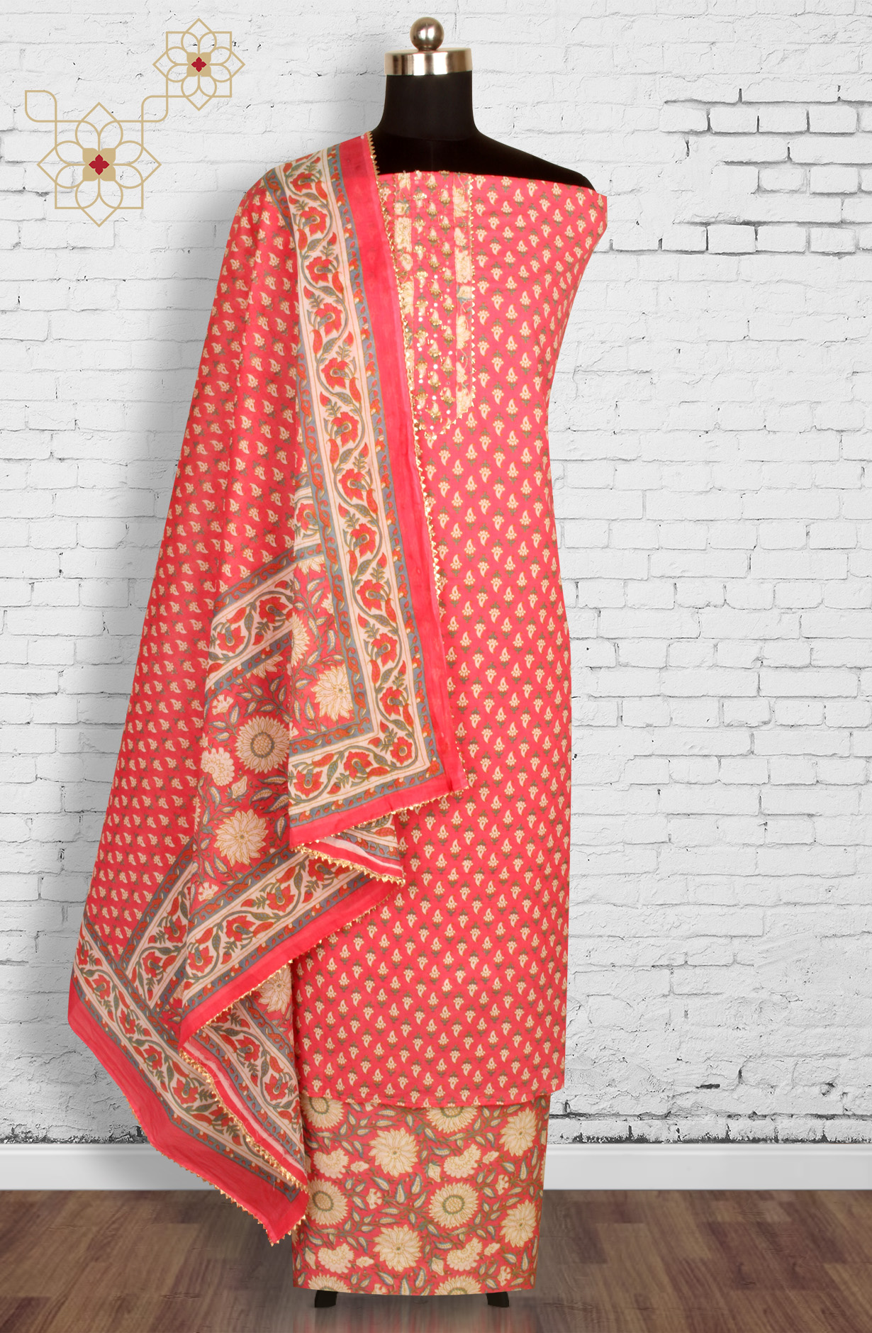 Pink Cotton Printed Salwar Suit with Dupatta - 693-AGJ50178