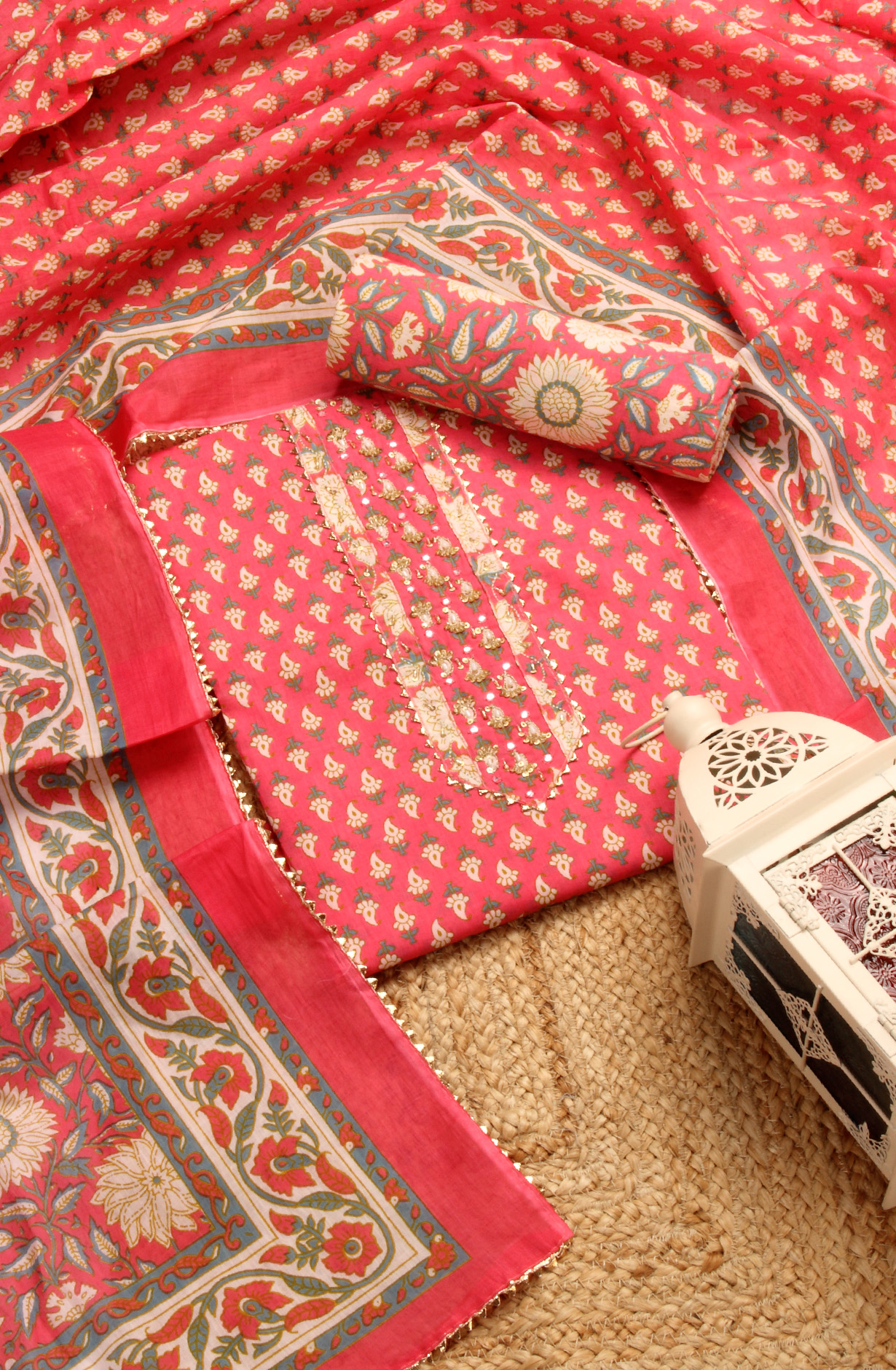 Pink Cotton Printed Salwar Suit with Dupatta - 693-AGJ50178