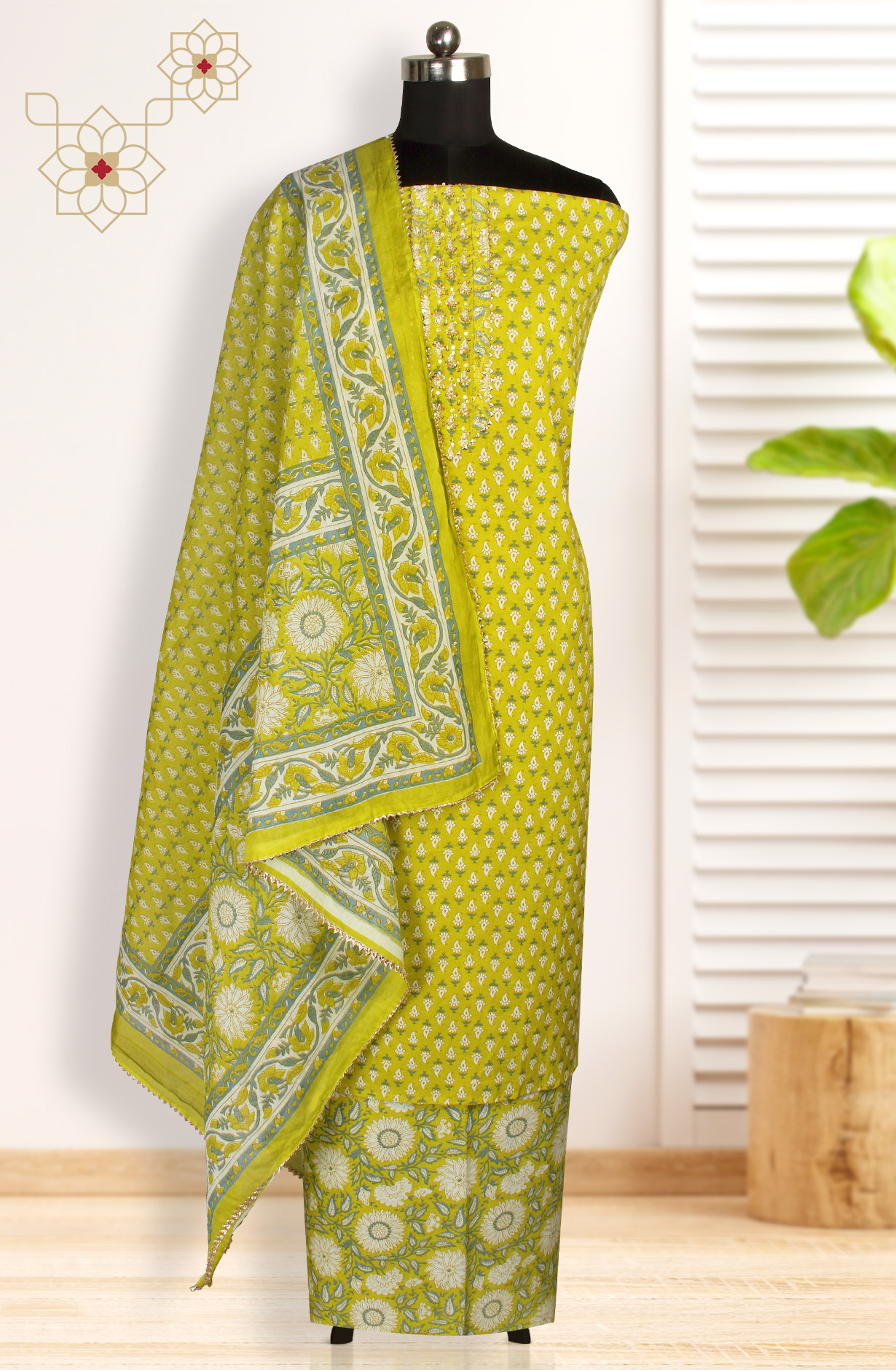 Mehndi Cotton Printed Salwar Suit-sets - 693-AGJ50178A