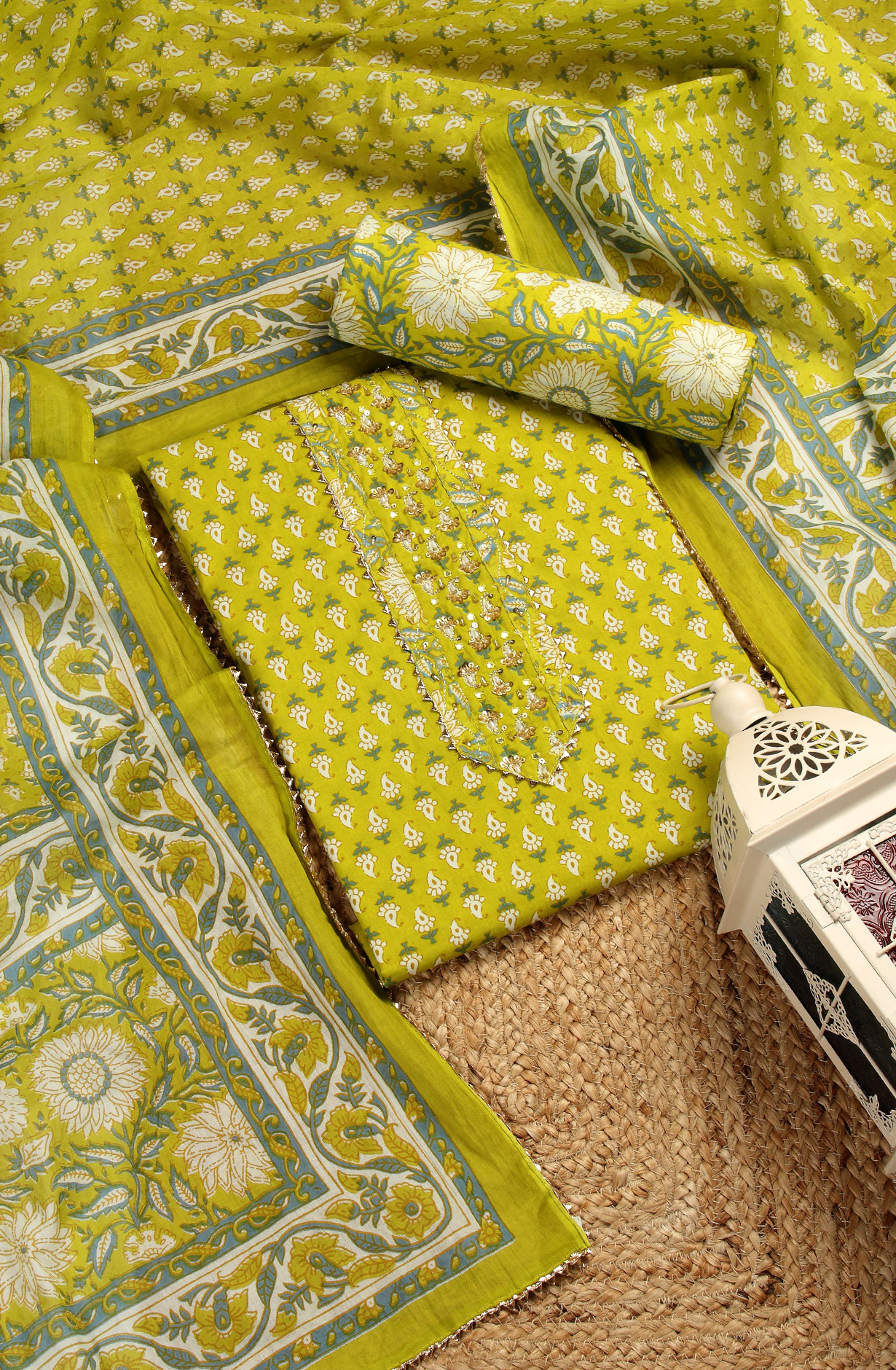 Mehndi Cotton Printed Salwar Suit-sets - 693-AGJ50178A