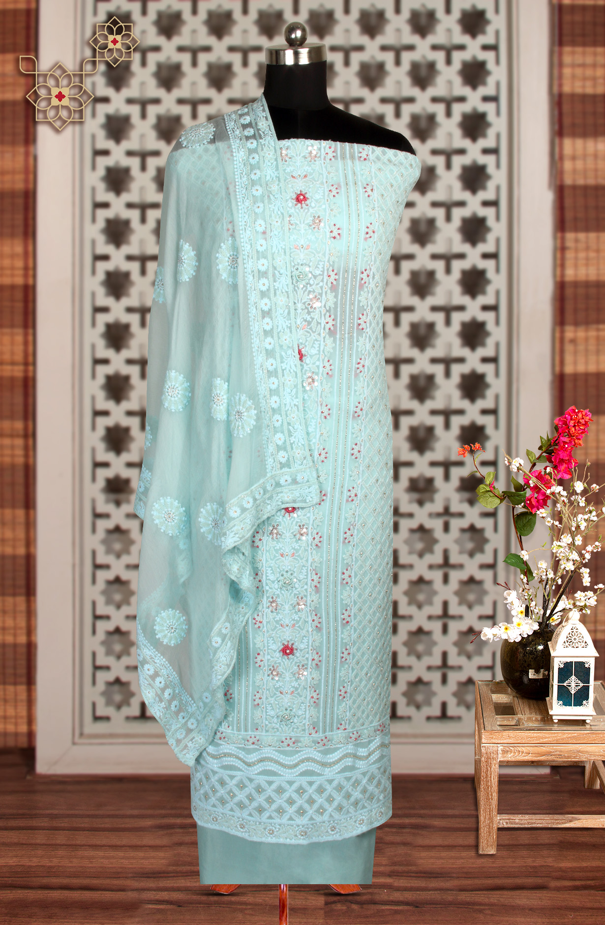 Sky Blue Designer Georgette Embroidered Suit with Chiffon Dupatta - 693-ATD18002