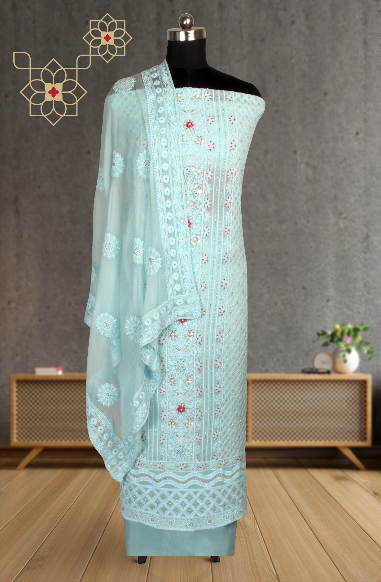 Sky Blue Designer Georgette Embroidered Suit with Chiffon Dupatta - 693-ATD18002