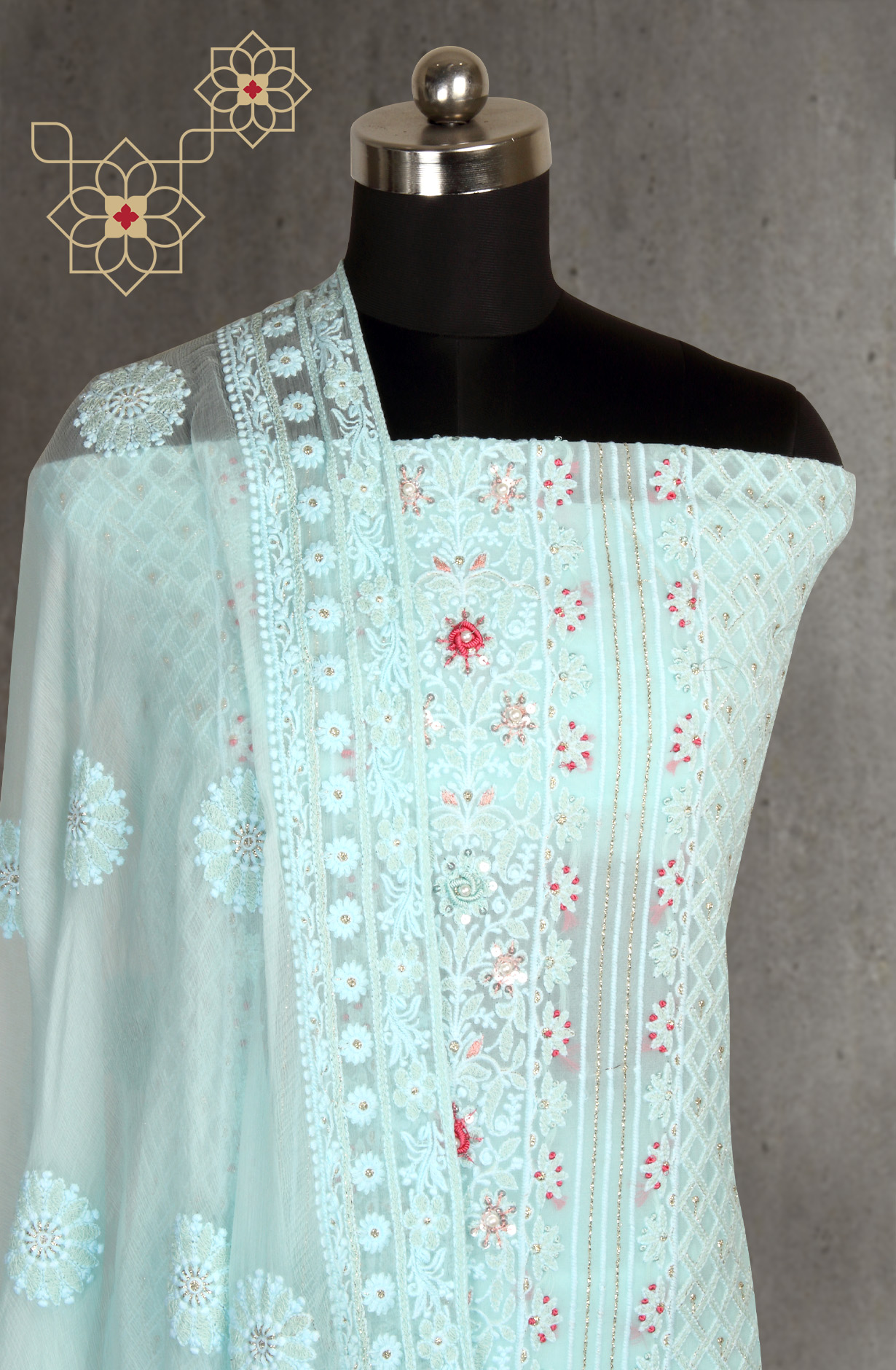 Sky Blue Designer Georgette Embroidered Suit with Chiffon Dupatta - 693-ATD18002