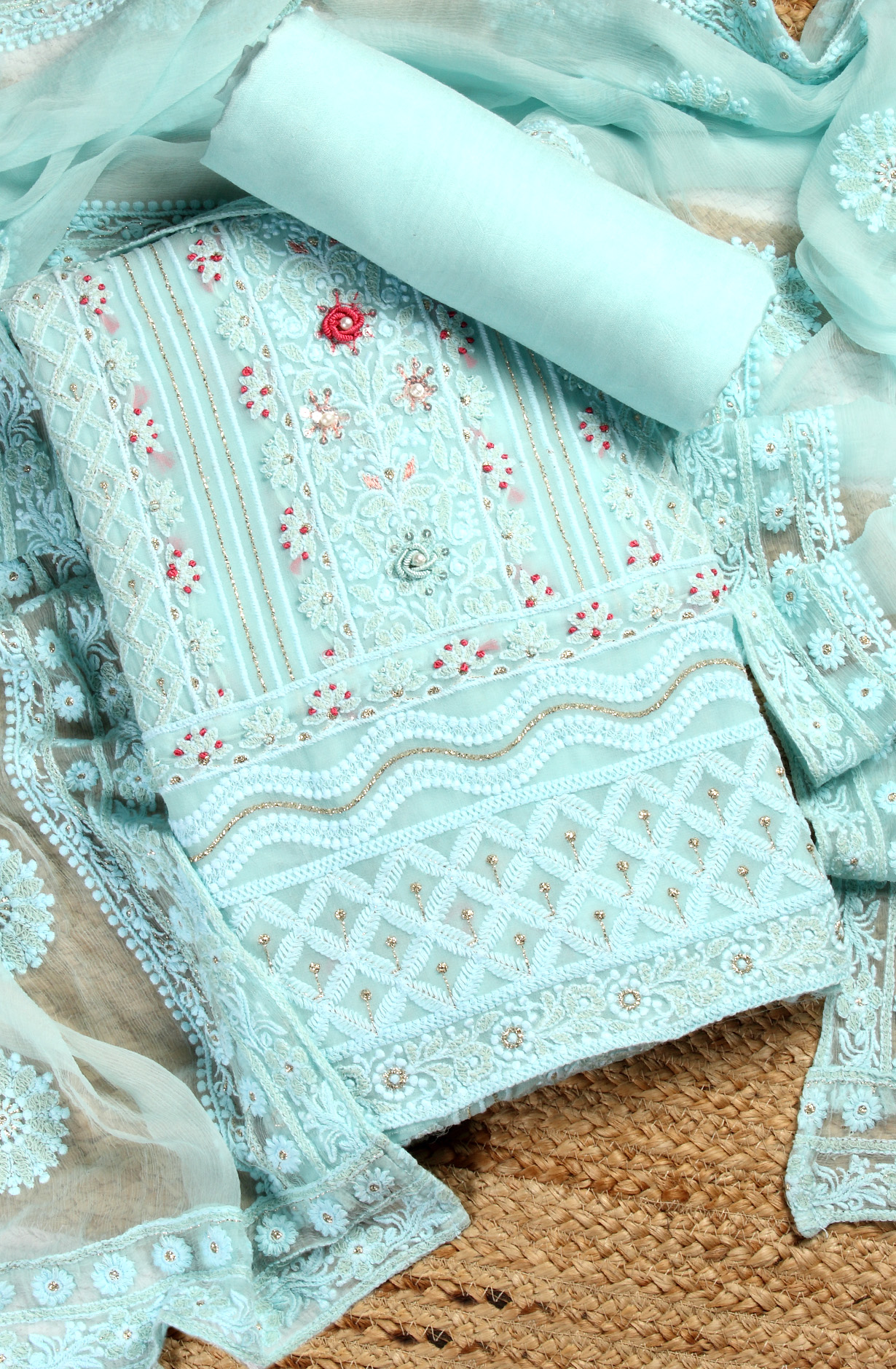 Sky Blue Designer Georgette Embroidered Suit with Chiffon Dupatta - 693-ATD18002