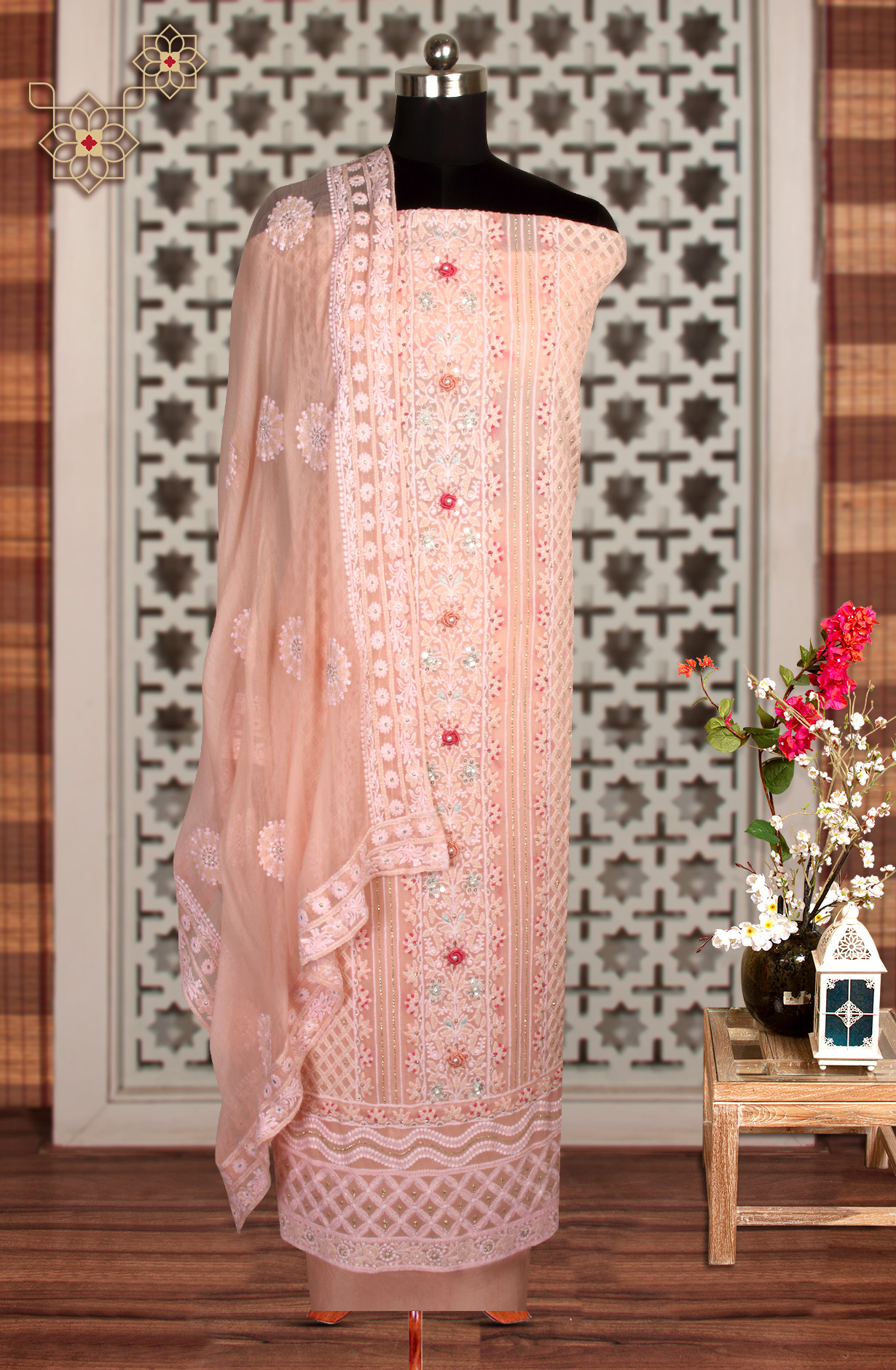 Peach Designer Georgette Embroidered Suit with Chiffon Dupatta - 693-ATD18002A