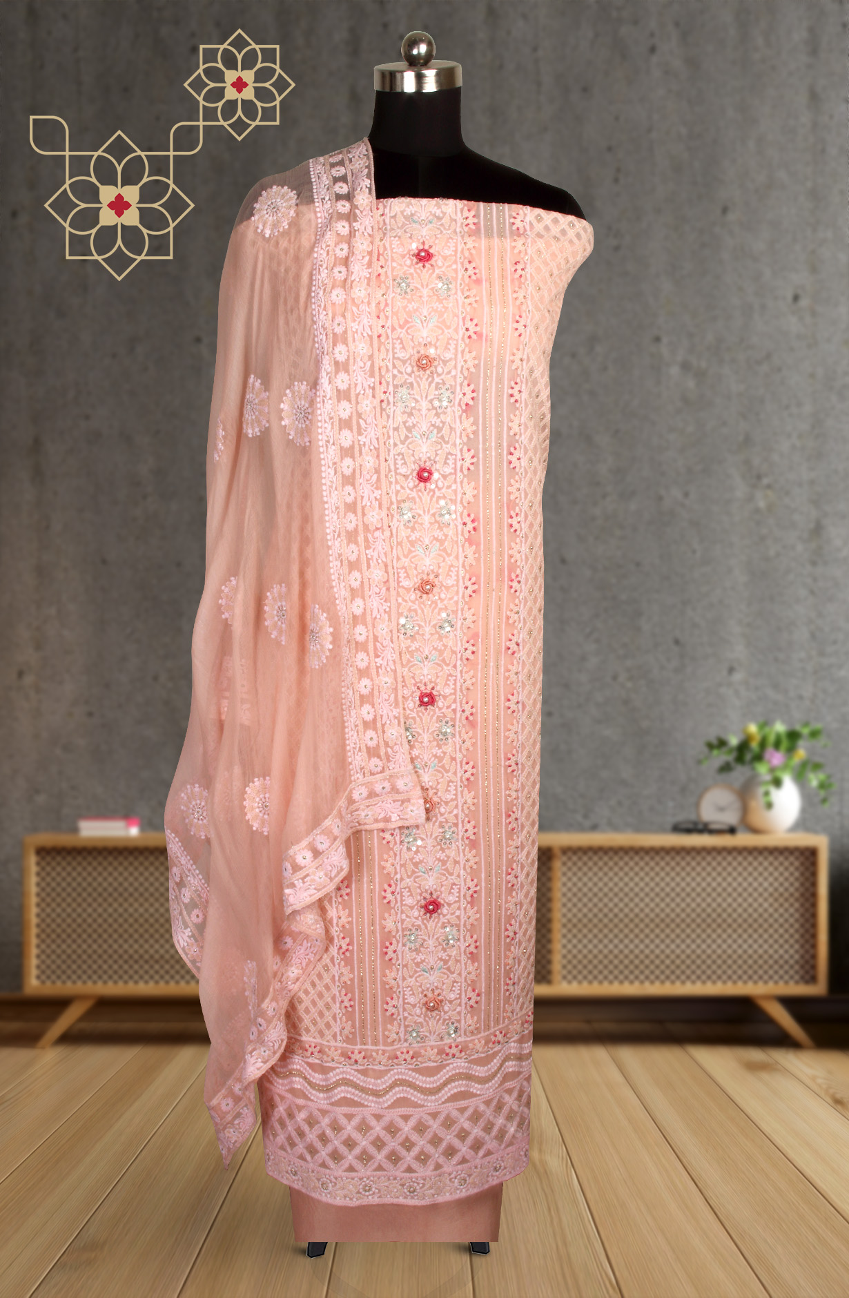 Peach Designer Georgette Embroidered Suit with Chiffon Dupatta - 693-ATD18002A