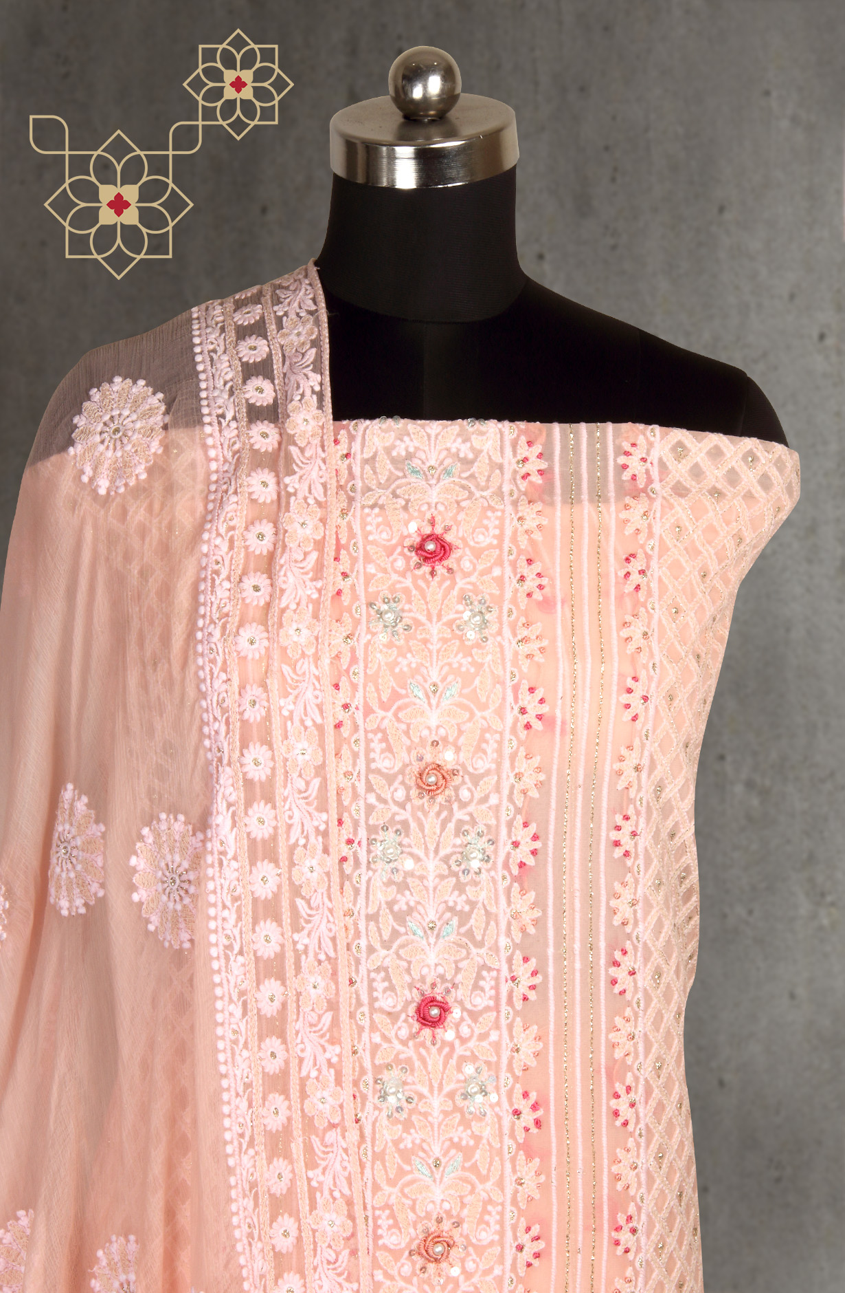 Peach Designer Georgette Embroidered Suit with Chiffon Dupatta - 693-ATD18002A