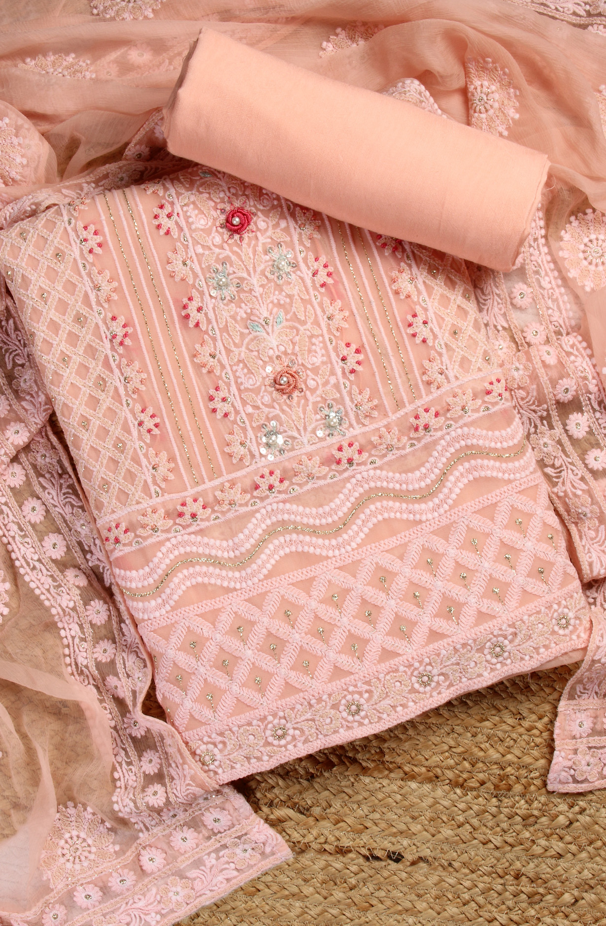 Peach Designer Georgette Embroidered Suit with Chiffon Dupatta - 693-ATD18002A