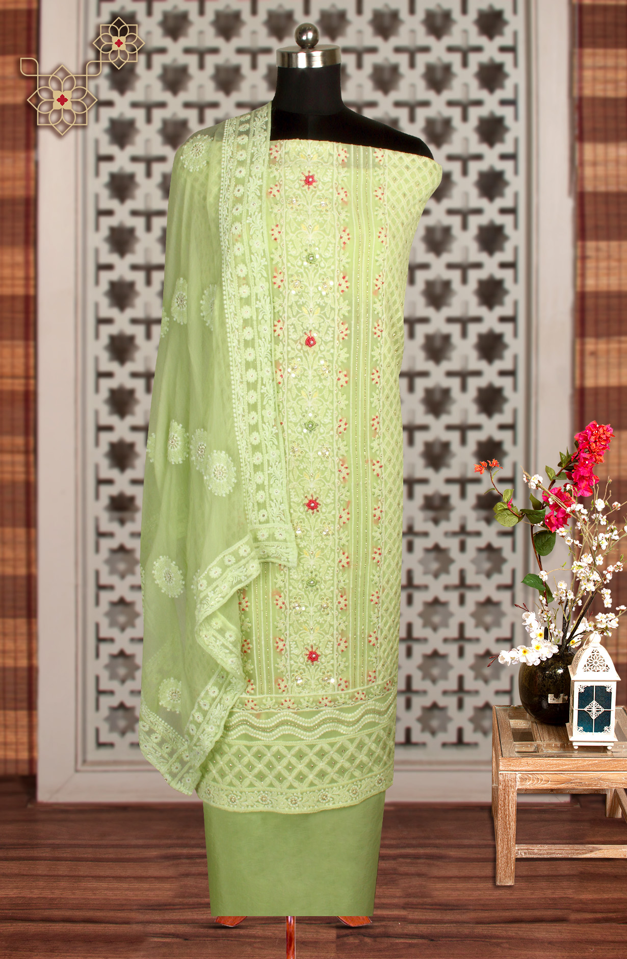 Parrot Green Designer Georgette Embroidered Suit with Chiffon Dupatta - 693-ATD18002B