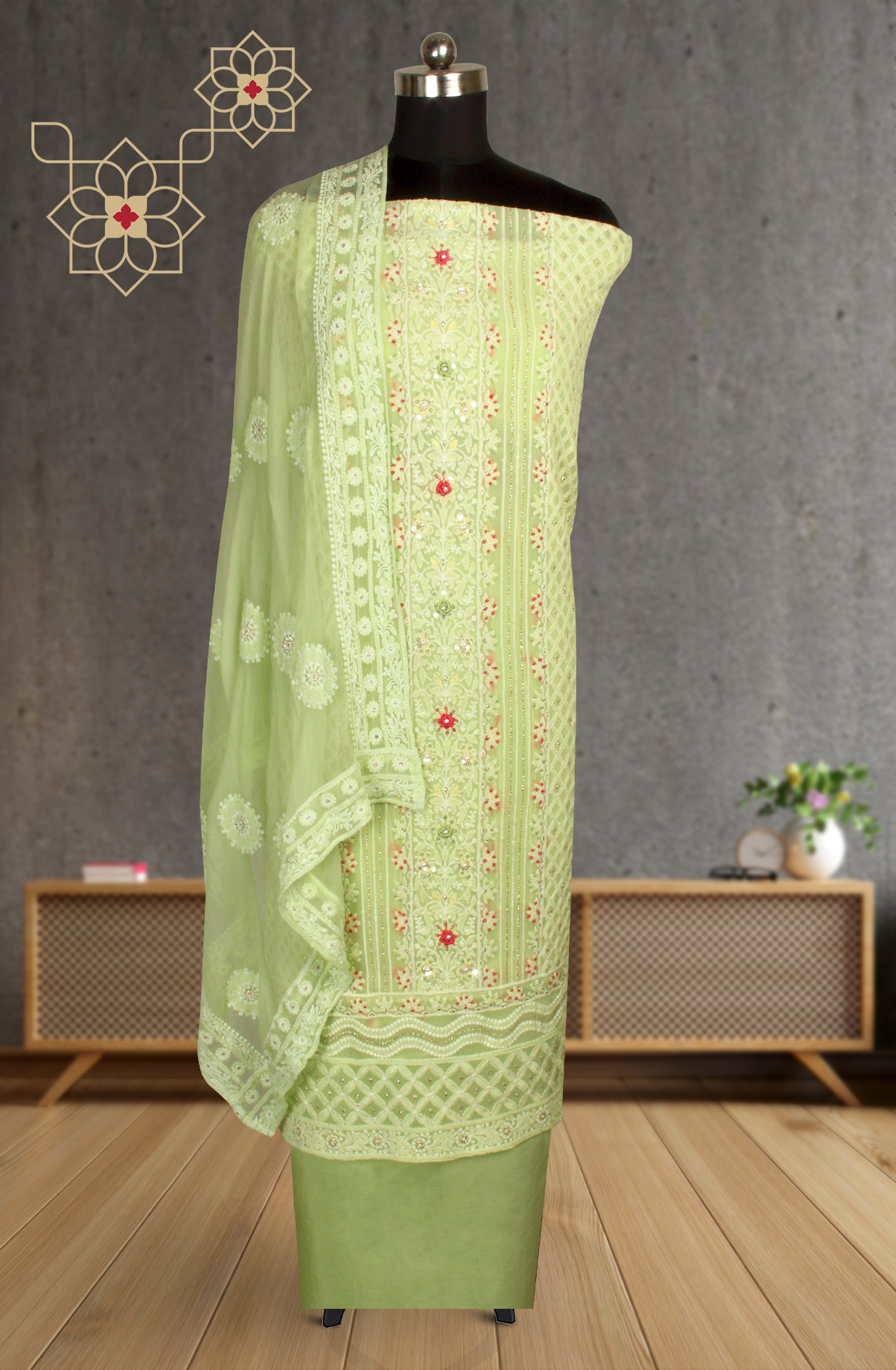 Parrot Green Designer Georgette Embroidered Suit with Chiffon Dupatta - 693-ATD18002B