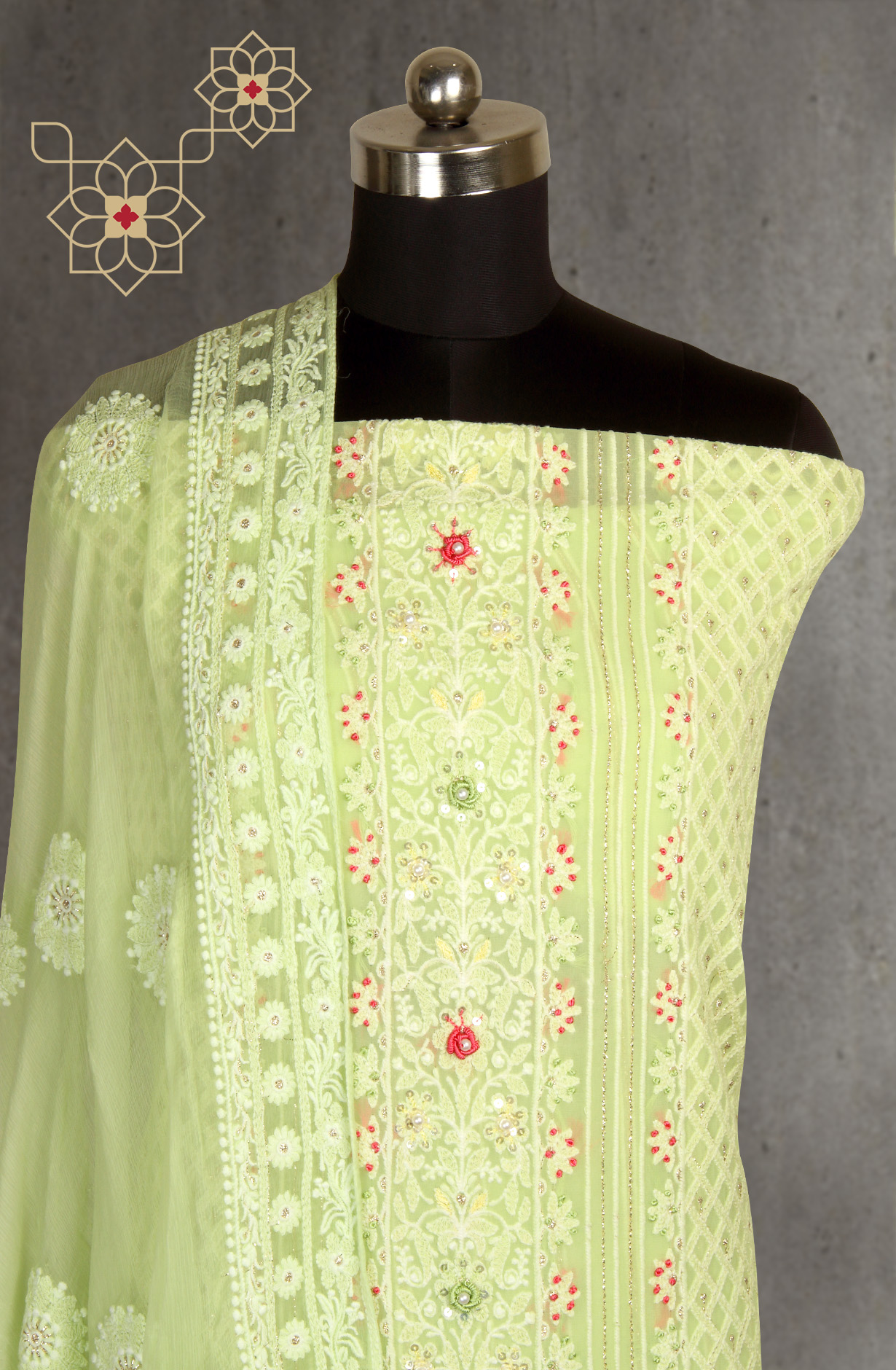 Parrot Green Designer Georgette Embroidered Suit with Chiffon Dupatta - 693-ATD18002B