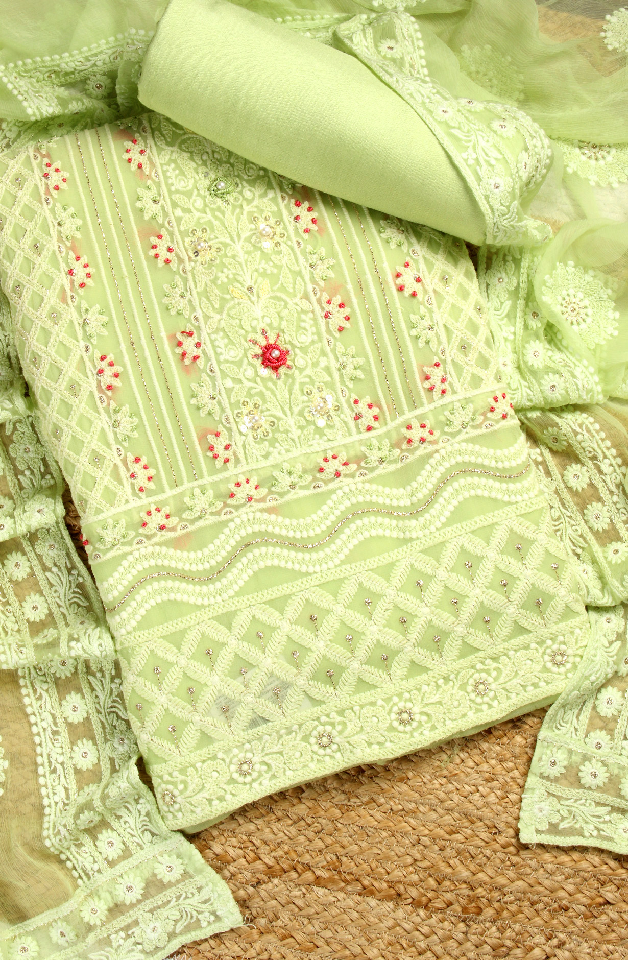 Parrot Green Designer Georgette Embroidered Suit with Chiffon Dupatta - 693-ATD18002B