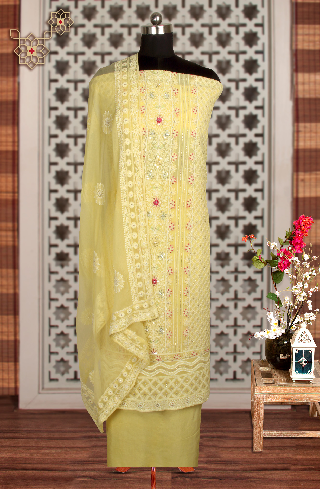 Yellow Designer Georgette Embroidered Suit with Chiffon Dupatta - 693-ATD18002C