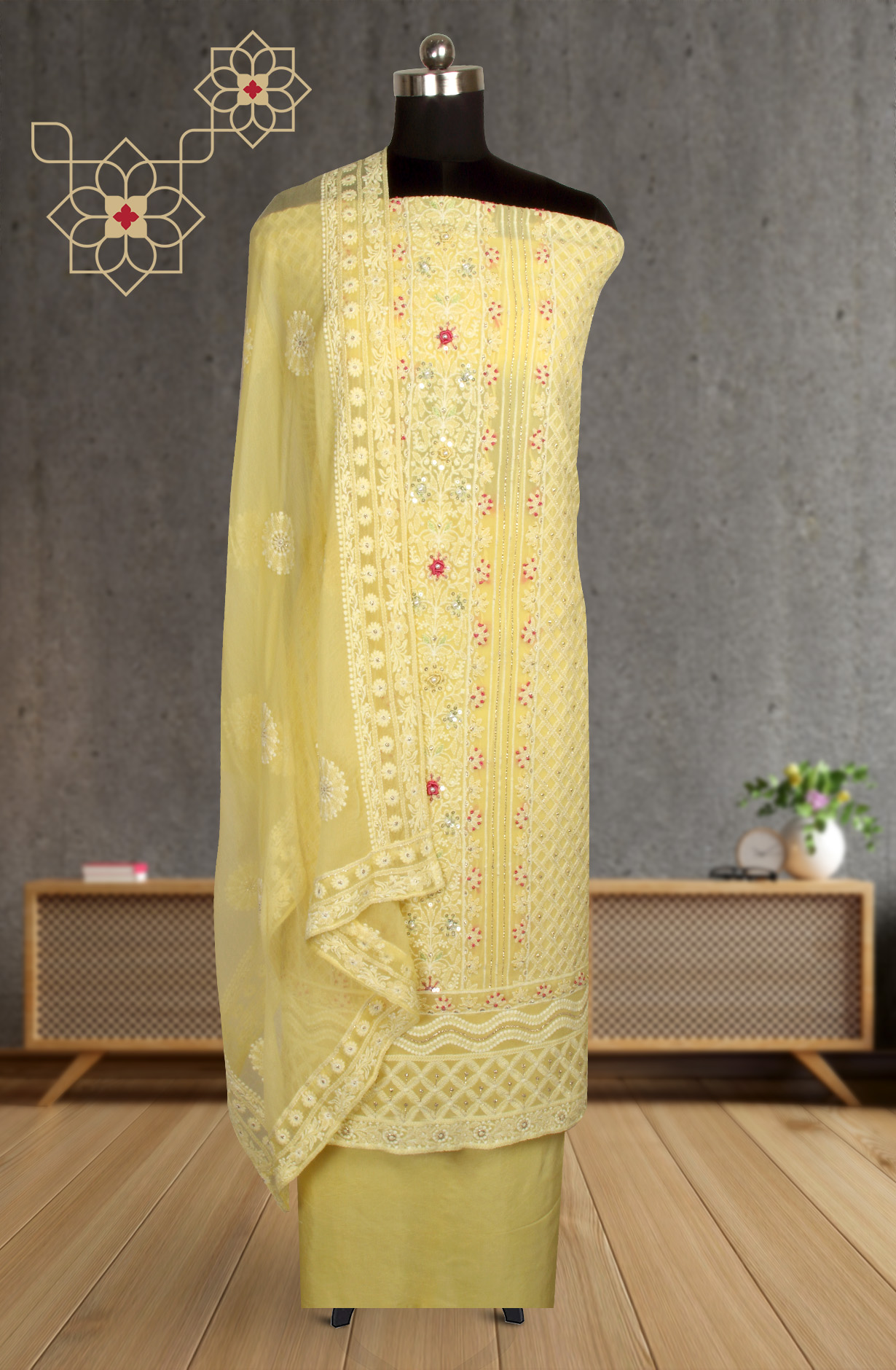 Yellow Designer Georgette Embroidered Suit with Chiffon Dupatta - 693-ATD18002C