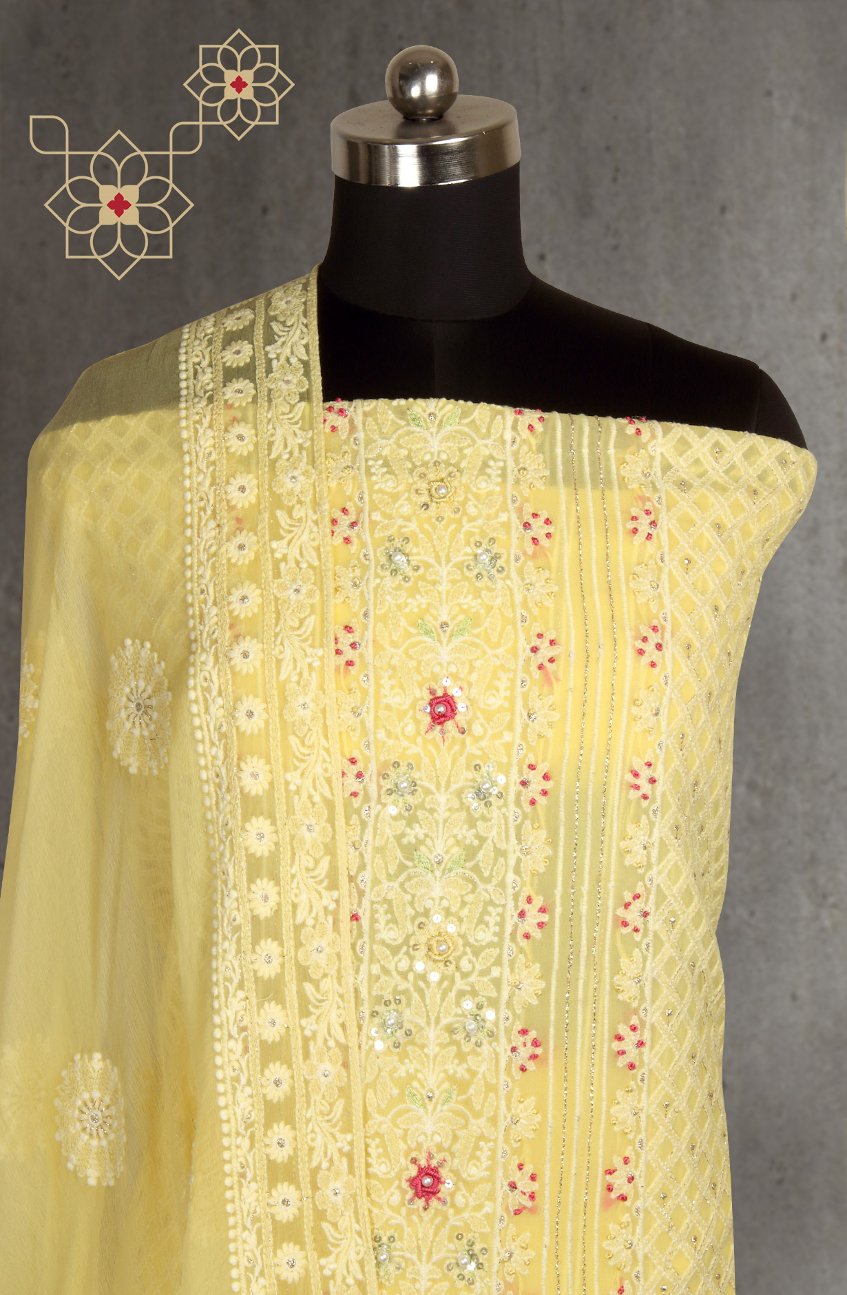 Yellow Designer Georgette Embroidered Suit with Chiffon Dupatta - 693-ATD18002C
