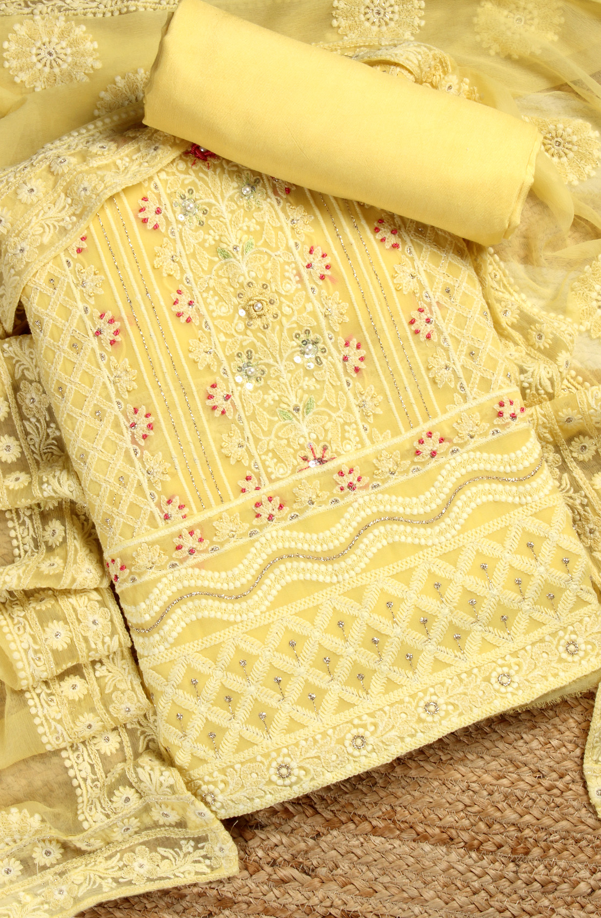 Yellow Designer Georgette Embroidered Suit with Chiffon Dupatta - 693-ATD18002C