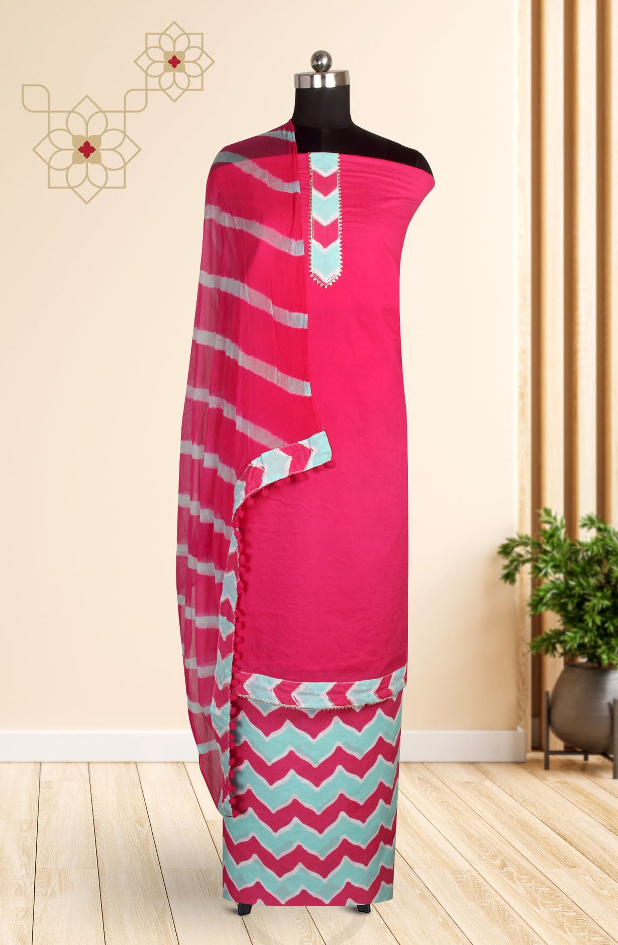 Magenta Cotton Unstitched Suit with Chiffon Dupatta - 693-CP10355