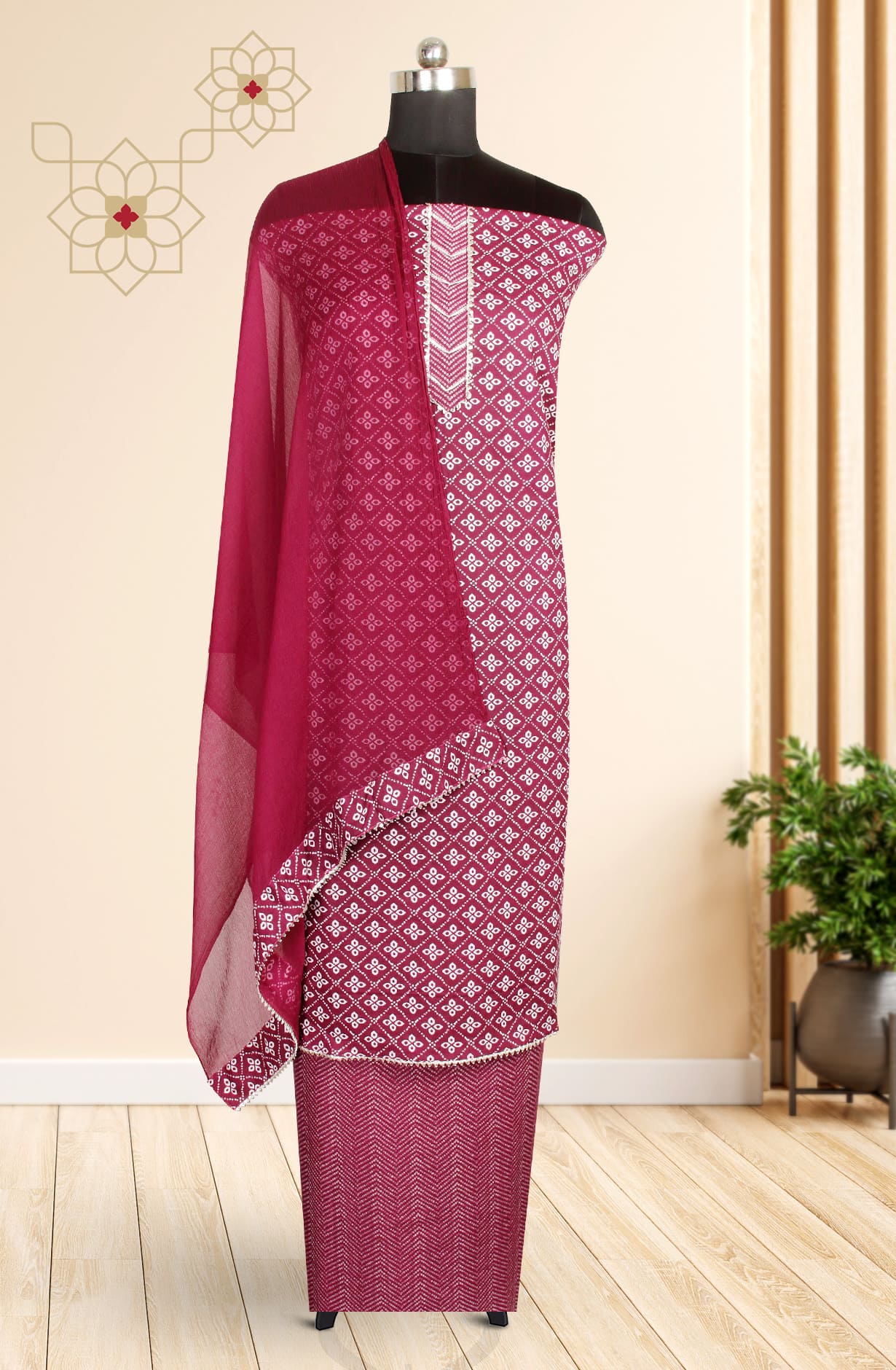 Purple White Cotton Unstitched Salwar Kameez with Chiffon Dupatta - 693-CP10390