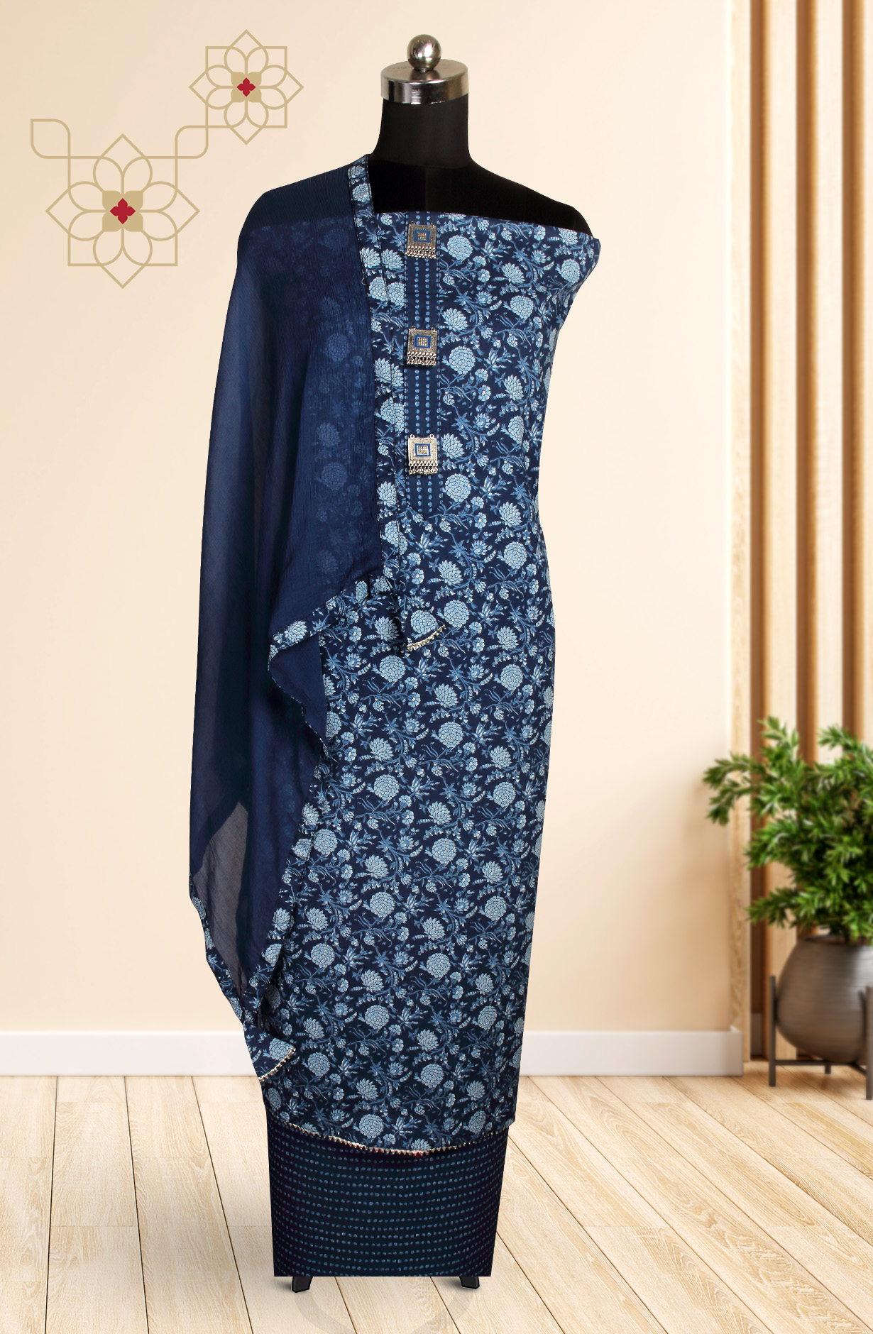 Blue Cotton Printed Salwar Suit with Chiffon Dupatta - 693-CP10602