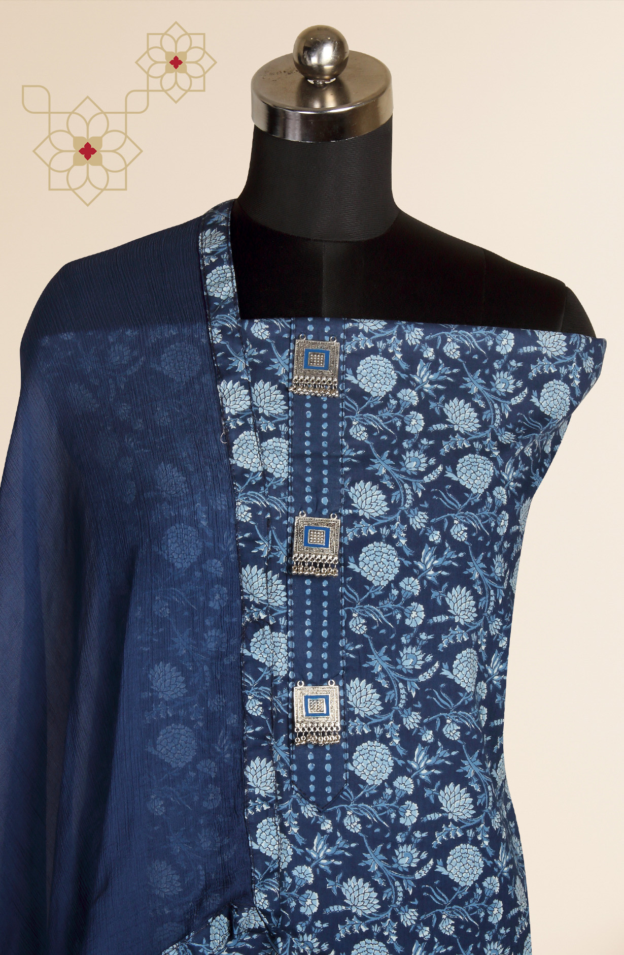 Blue Cotton Printed Salwar Suit with Chiffon Dupatta - 693-CP10602