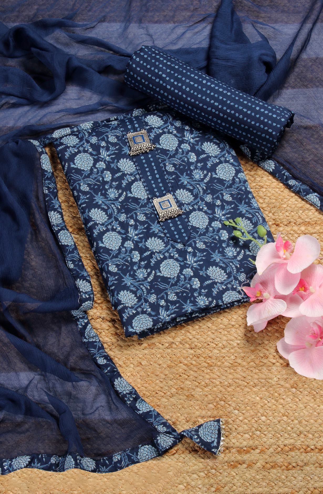 Blue Cotton Printed Salwar Suit with Chiffon Dupatta - 693-CP10602