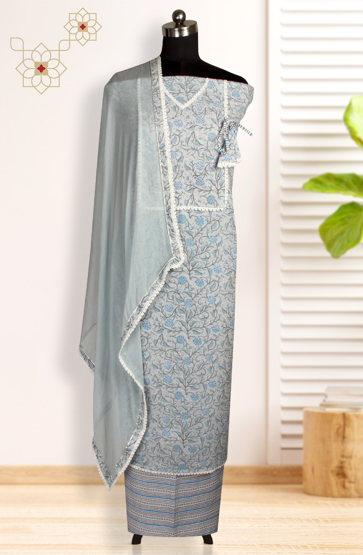 Grey Cotton Printed Unstitched Salwar Suit with Chiffon Dupatta - 693-CP10644