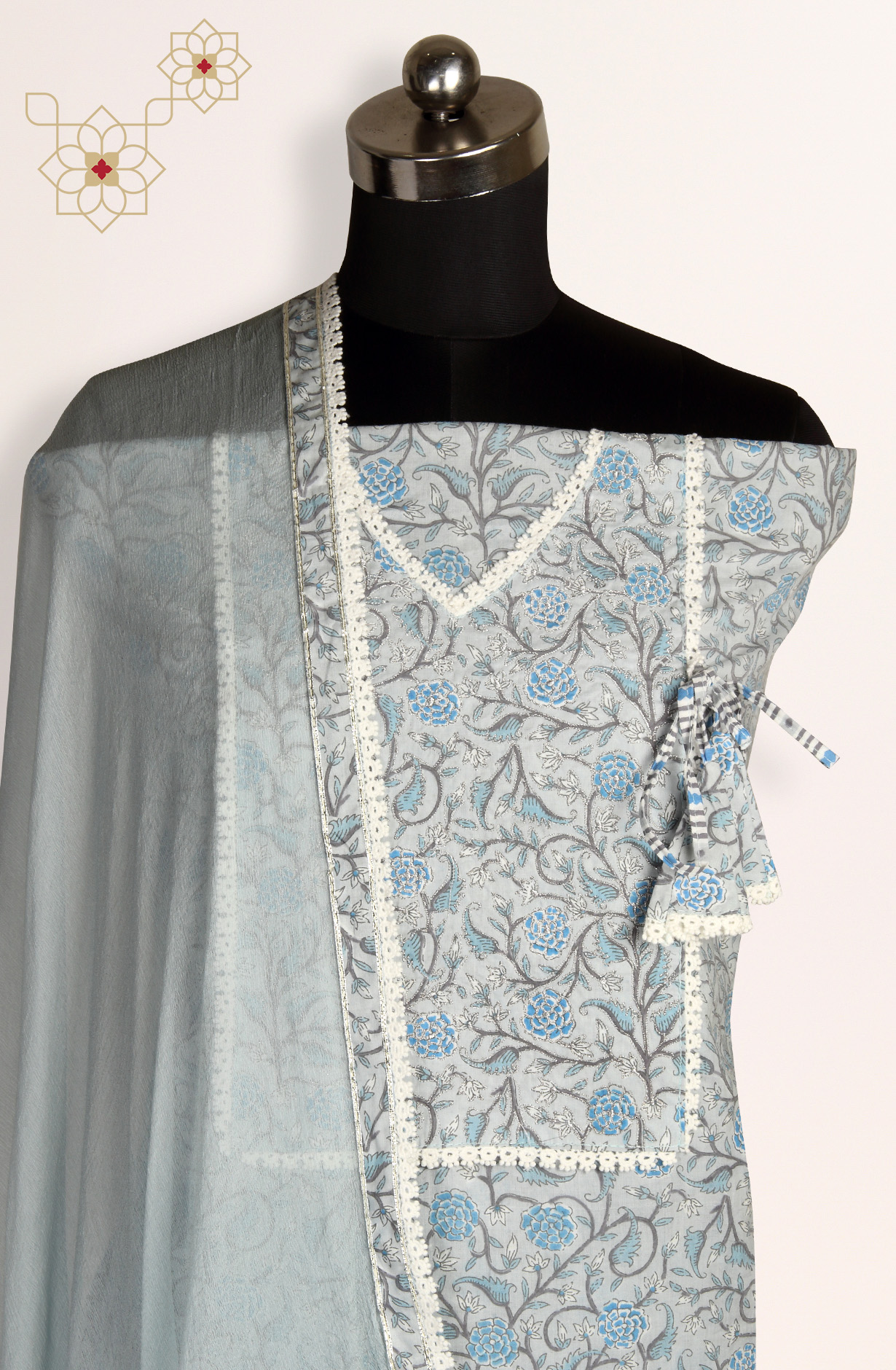 Grey Cotton Printed Unstitched Salwar Suit with Chiffon Dupatta - 693-CP10644