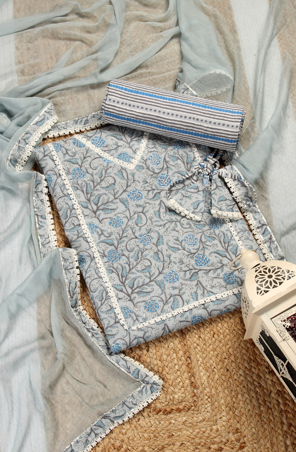 Grey Cotton Printed Unstitched Salwar Suit with Chiffon Dupatta - 693-CP10644