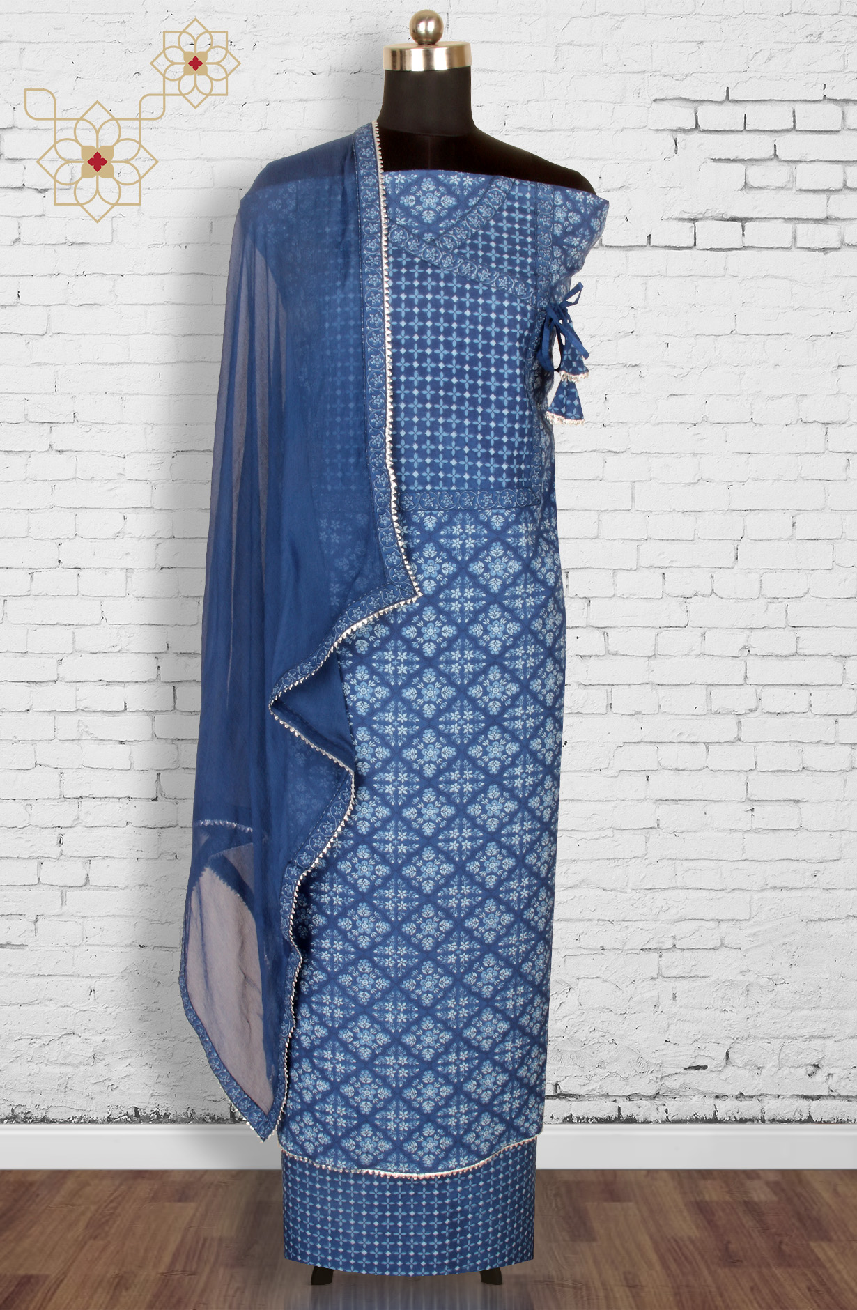 Blue Cotton Angrakha Salwar Suit with Chiffon Dupatta - 693-CP10670
