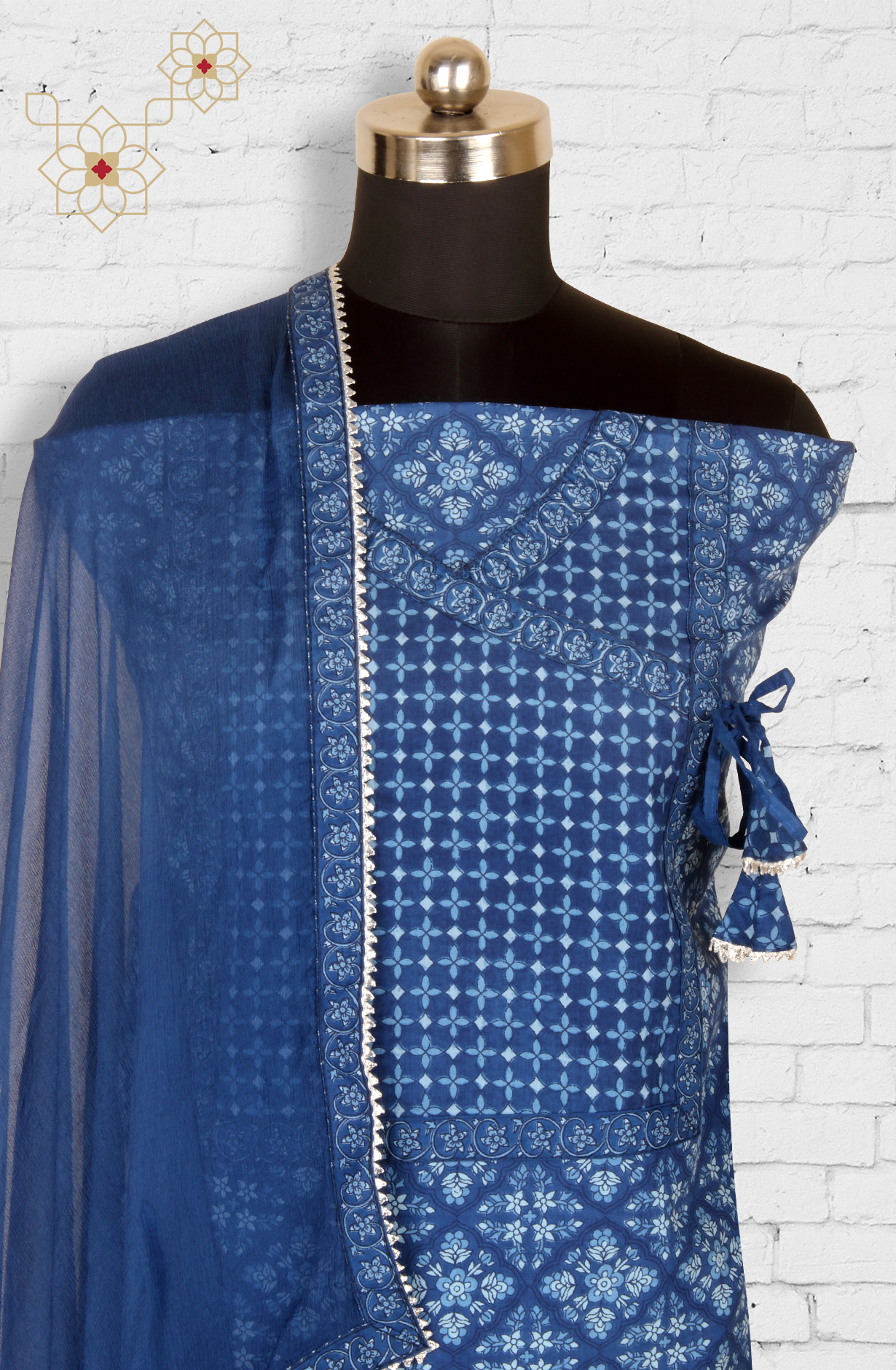 Blue Cotton Angrakha Salwar Suit with Chiffon Dupatta - 693-CP10670