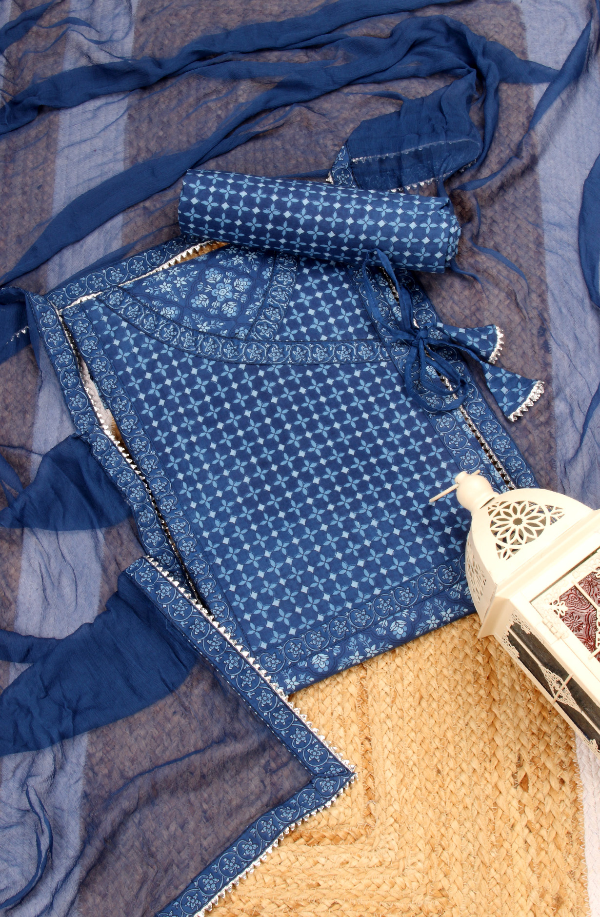 Blue Cotton Angrakha Salwar Suit with Chiffon Dupatta - 693-CP10670