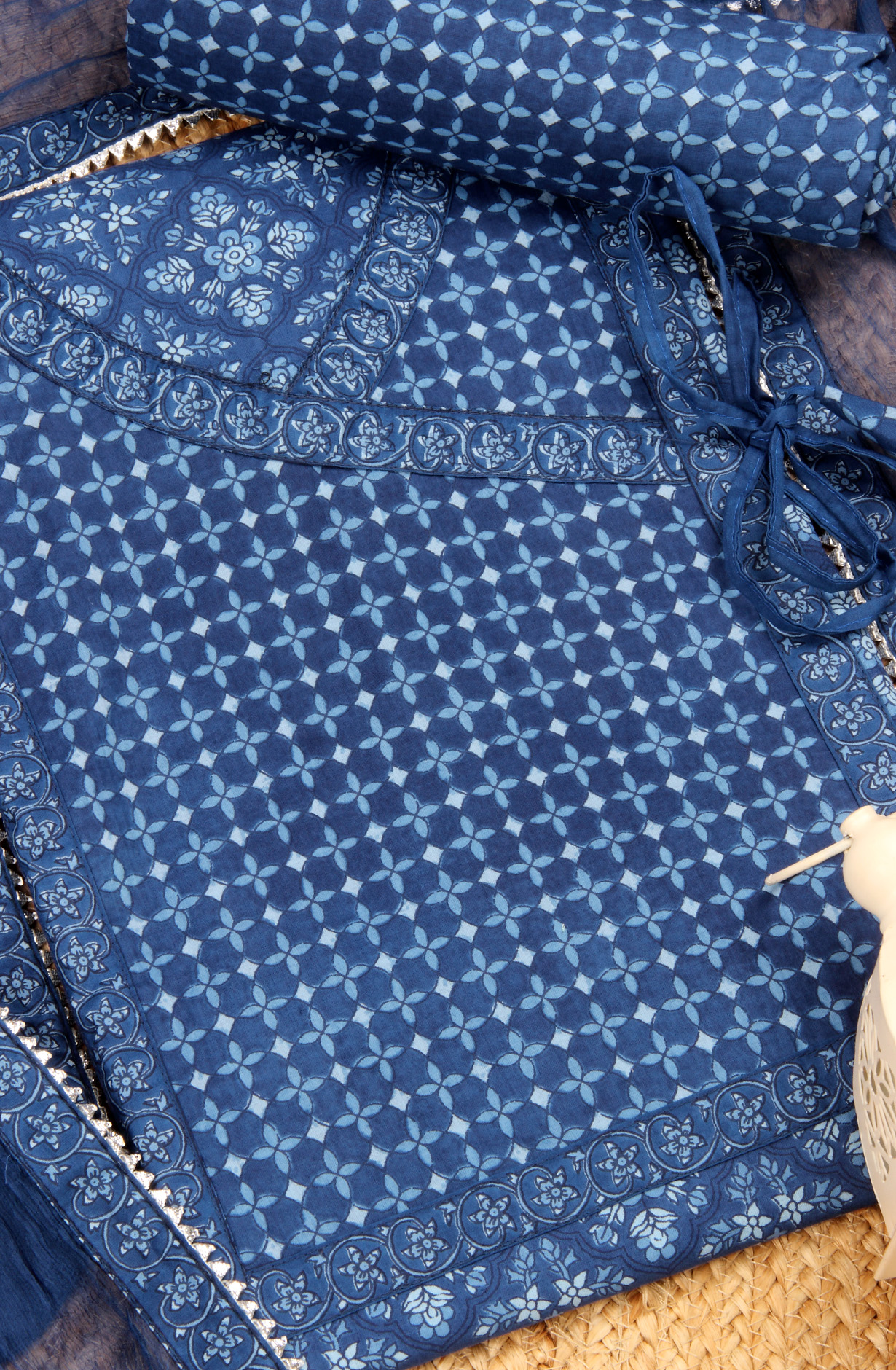 Blue Cotton Angrakha Salwar Suit with Chiffon Dupatta - 693-CP10670