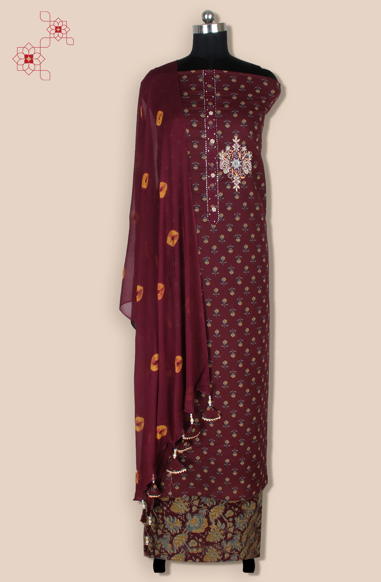 Maroon Cotton Unstitched Printed Salwar Suit with Chiffon Dupatta - 693-JDF2303