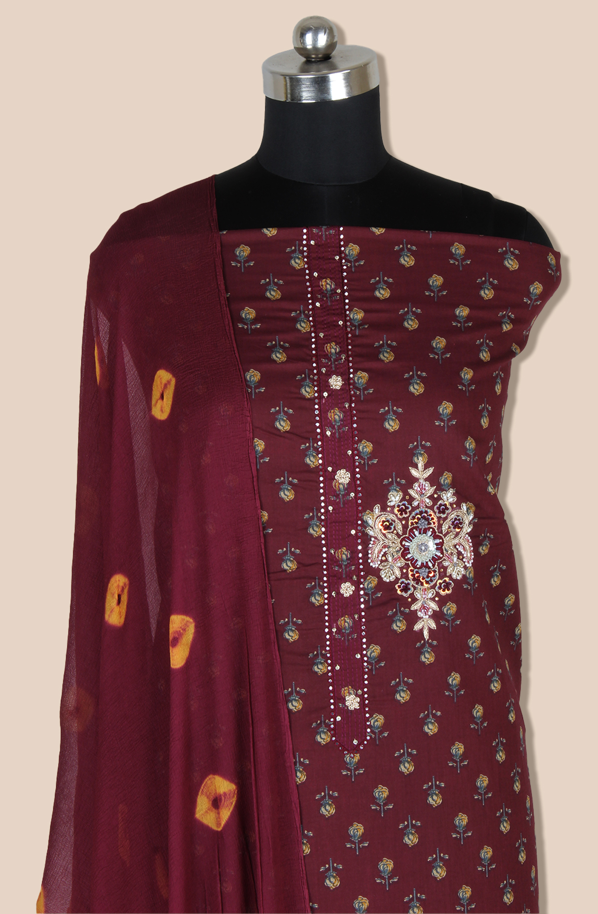Maroon Cotton Unstitched Printed Salwar Suit with Chiffon Dupatta - 693-JDF2303