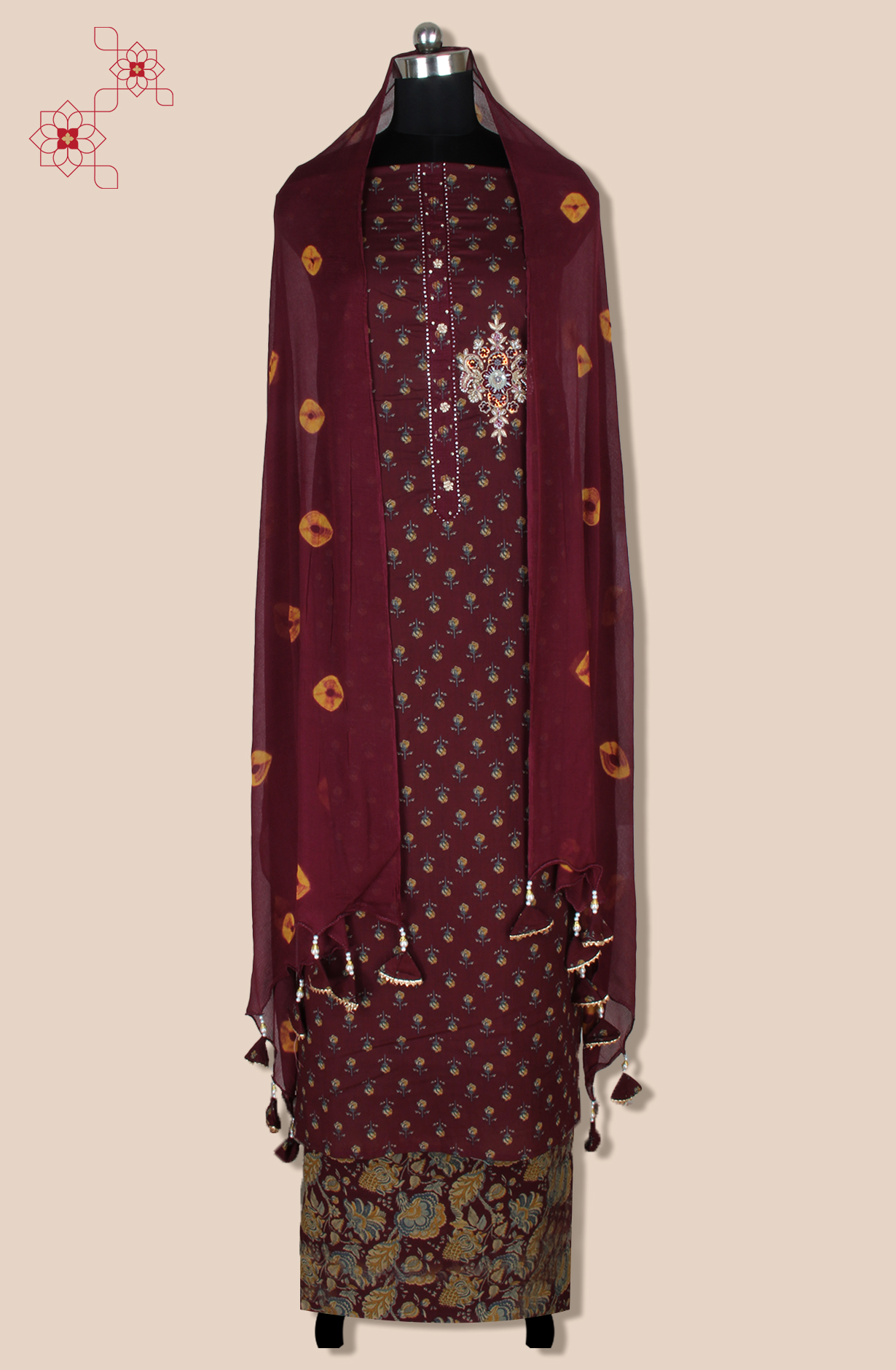 Maroon Cotton Unstitched Printed Salwar Suit with Chiffon Dupatta - 693-JDF2303