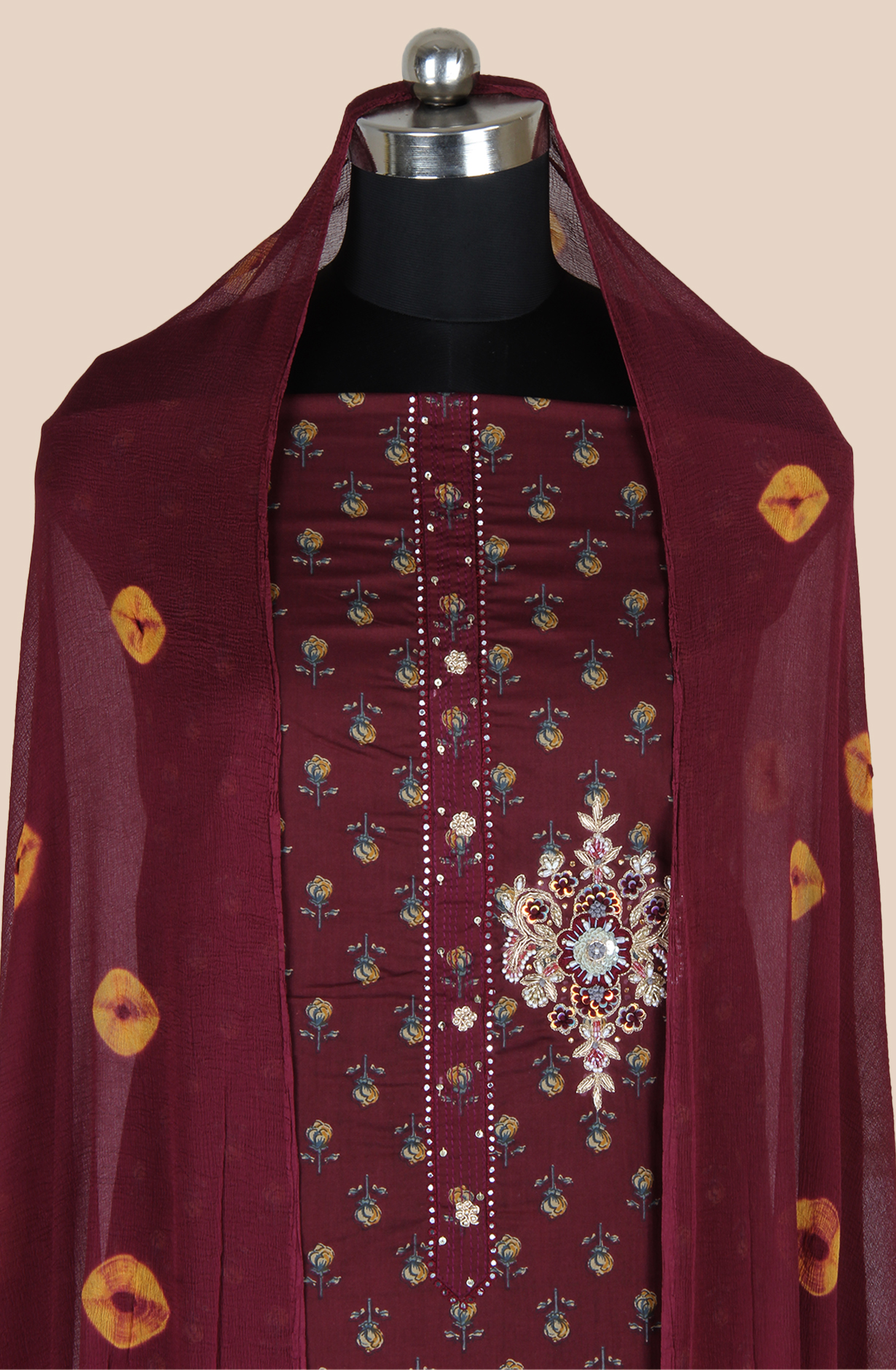 Maroon Cotton Unstitched Printed Salwar Suit with Chiffon Dupatta - 693-JDF2303