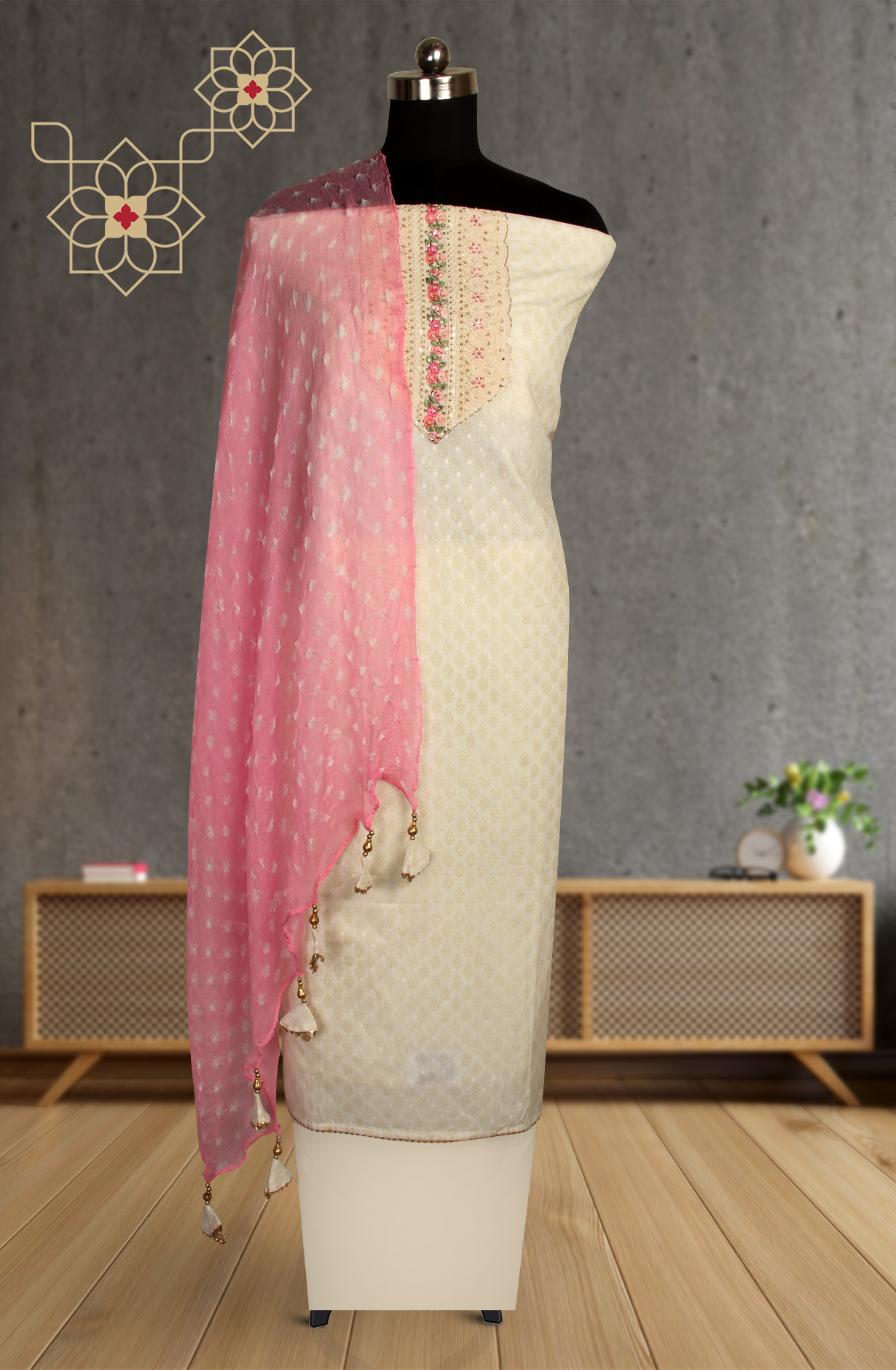 Cream Cotton Printed with Lace Work Salwar Suit with Chiffon Dupatta - 693-JDF2604