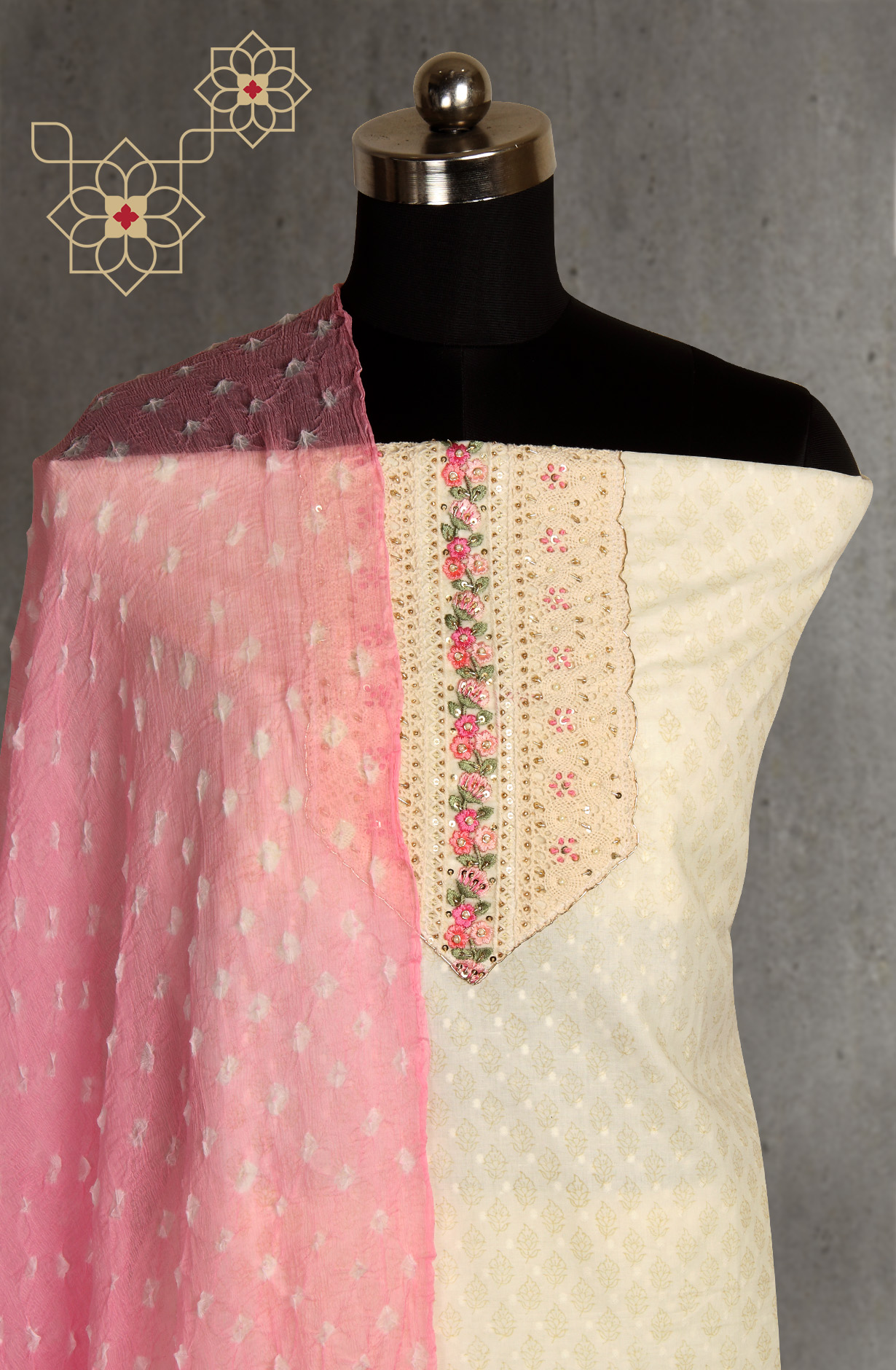 Cream Cotton Printed with Lace Work Salwar Suit with Chiffon Dupatta - 693-JDF2604