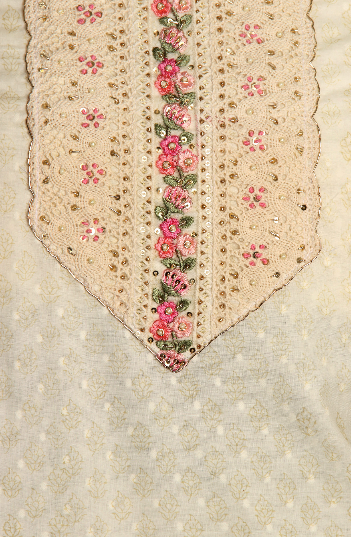 Cream Cotton Printed with Lace Work Salwar Suit with Chiffon Dupatta - 693-JDF2604