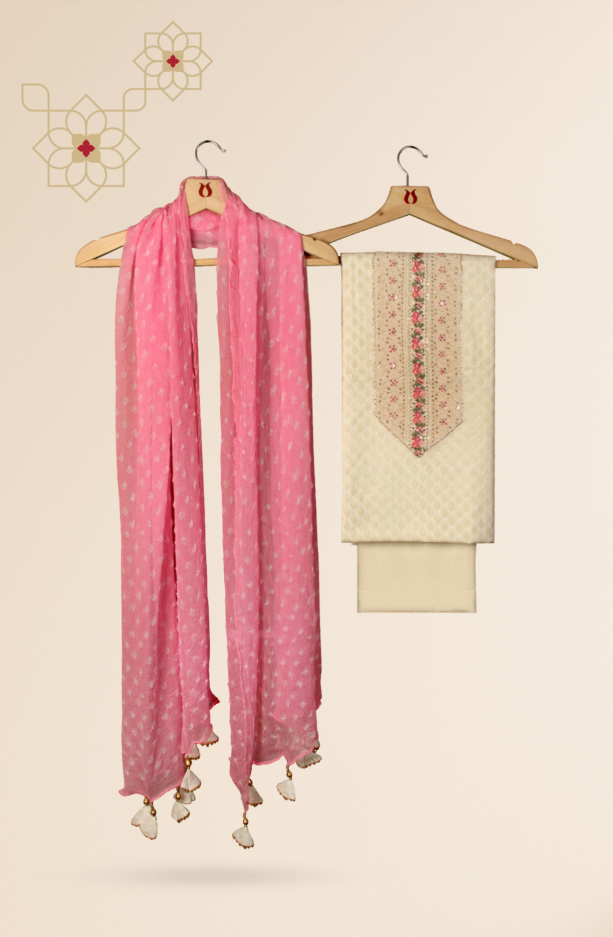 Cream Cotton Printed with Lace Work Salwar Suit with Chiffon Dupatta - 693-JDF2604