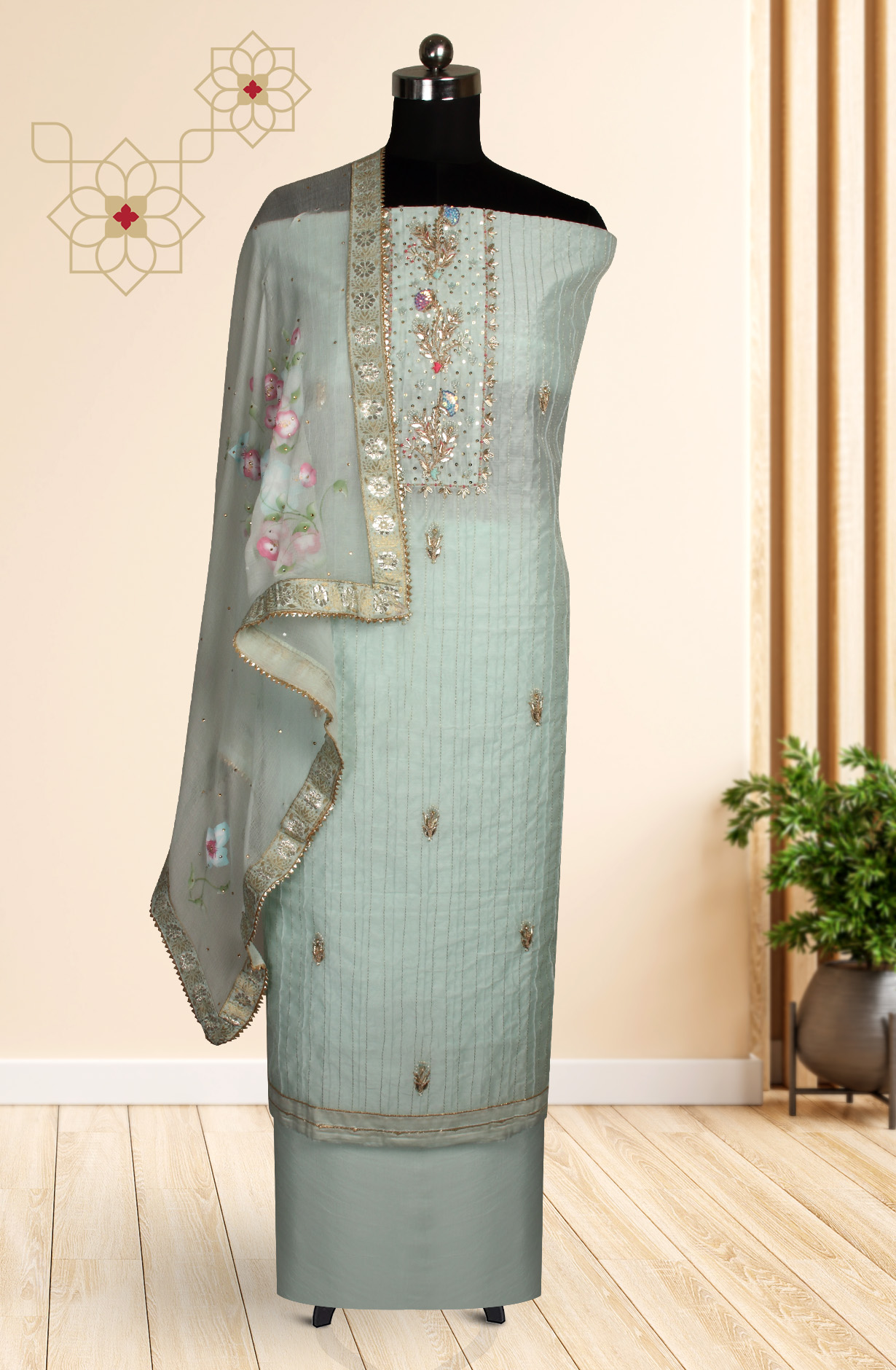 Sea Green Chanderi Designer Salwar Suit with Chiffon Dupatta - 693-JDF2645