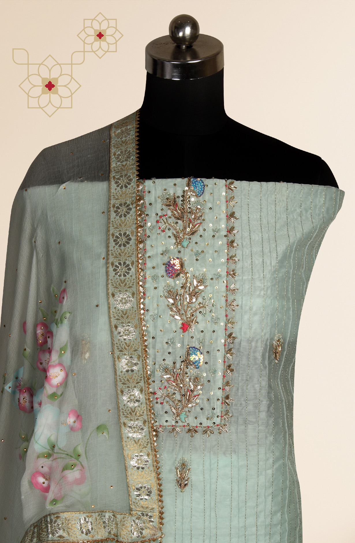 Sea Green Chanderi Designer Salwar Suit with Chiffon Dupatta - 693-JDF2645