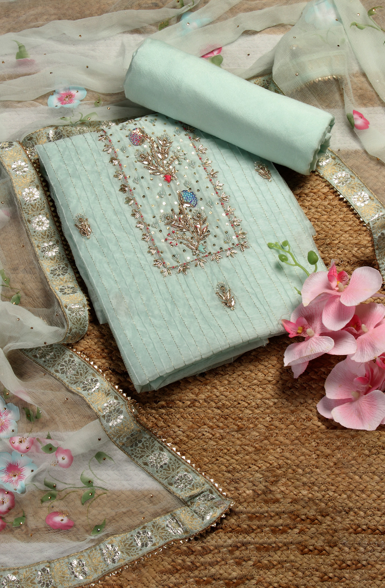 Sea Green Chanderi Designer Salwar Suit with Chiffon Dupatta - 693-JDF2645